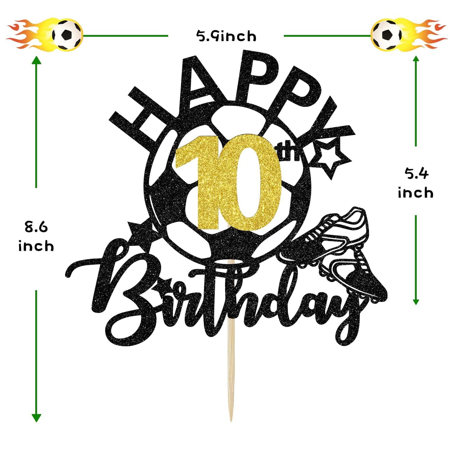 Aeryourtar Cake Topper Glitter Soccer Theme 10th Birthday Decorations for Boys and Girls - Paper, 10 Years Old
