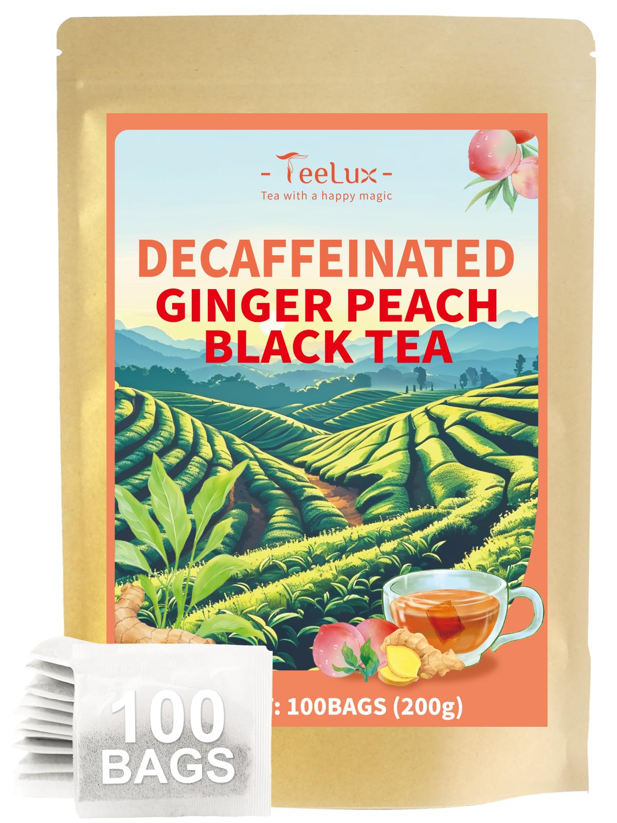 TeeLux Decaf Peach Ginger Black Tea, Smooth & Full-Bodied, 100 Count