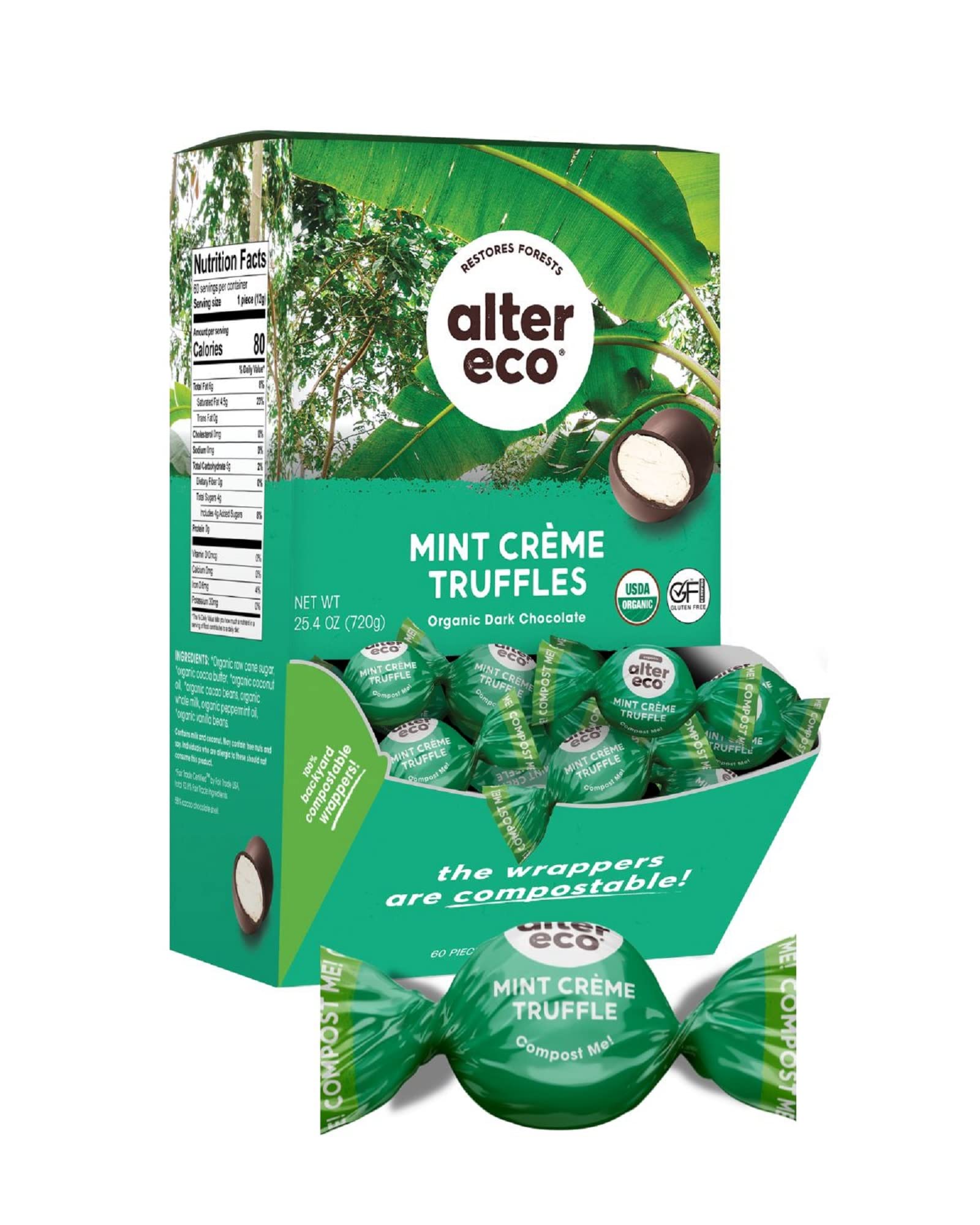 Alter Eco | Mint Creme Truffles | 58% Pure Dark Cocoa, Fair Trade, Organic, Non-GMO, Gluten Free Dark Chocolate Truffles | 60 Tr