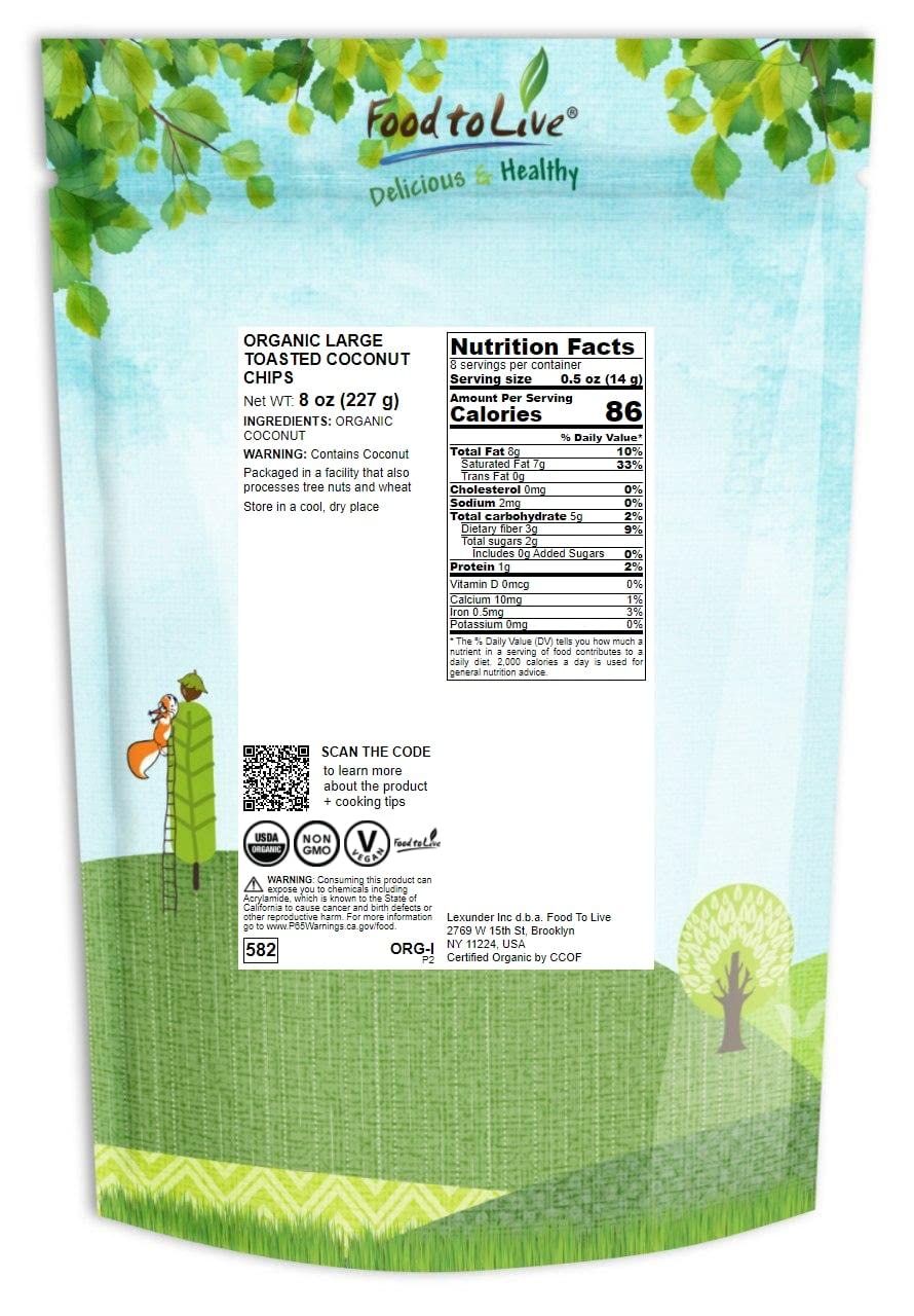 Food To Live Organic Toasted Coconut Chips, 8 Ounces - Non-Gmo, Desiccated Coconut Flakes, Unsweetened, Unsulfured, Vegan, Bulk.