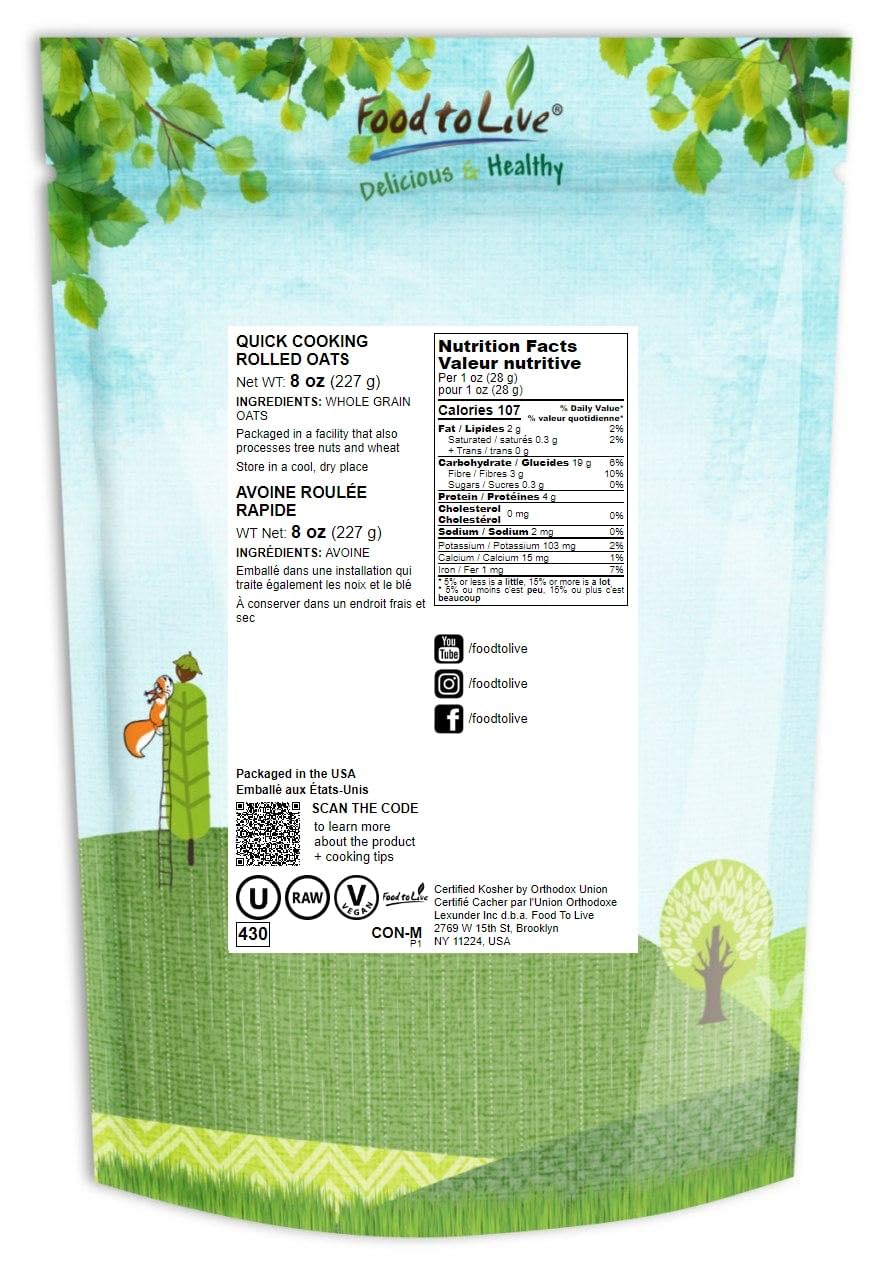 Food To Live Quick Cooking Rolled Oats, 8 Ounces - One Minute Oatmeal, Whole Grain, Instant Meal, Dry Thin Flakes, Uncooked, Raw