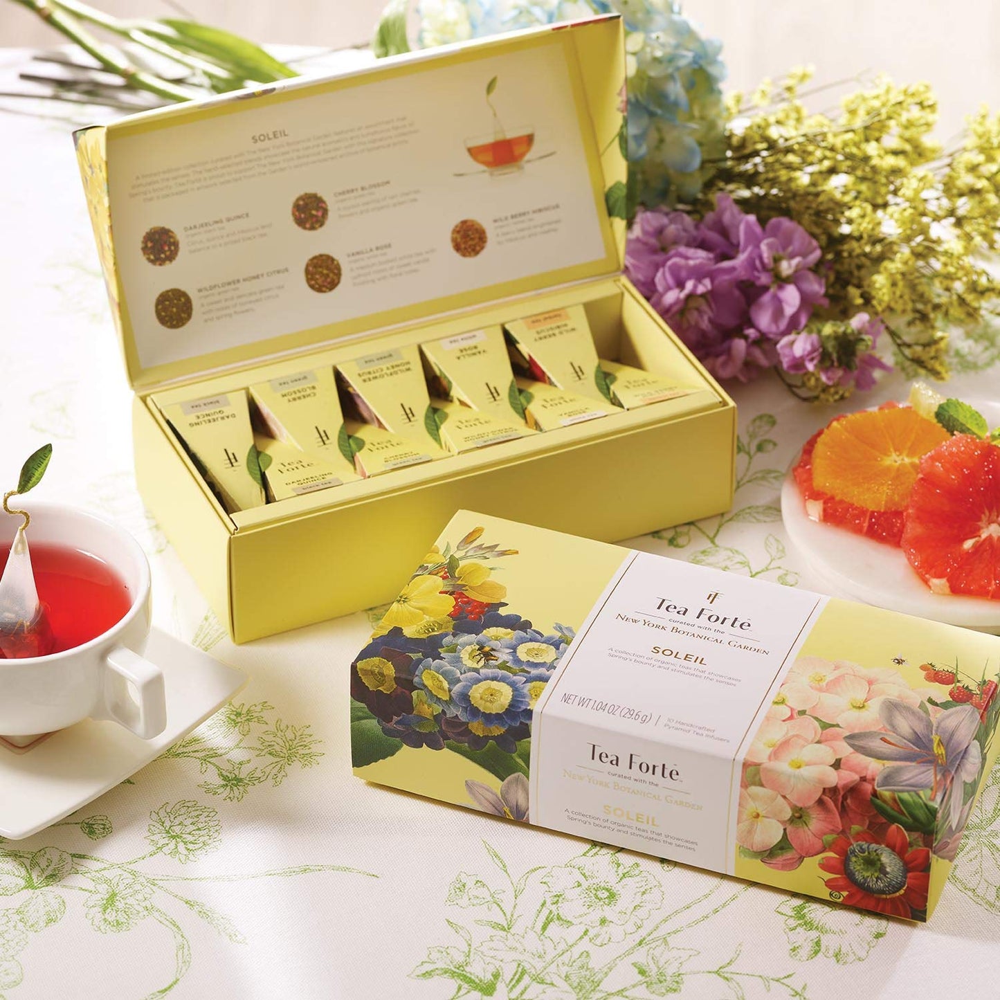 Tea Forte Soleil Organic Fruit And Flower Tea Petite Presentation Box, Sampler Gift Set With 10 Handcrafted Pyramid Tea Infusers