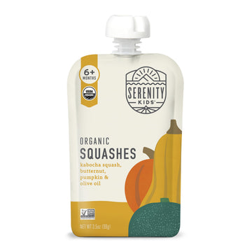 Serenity Kids 6+ Months USDA Organic Veggie Puree Baby Food Pouches | No Sugary Fruits or Added Sugar | Allergen Free | 3.5 Ounce BPA-Free Pouch | Squashes | 1 Count
