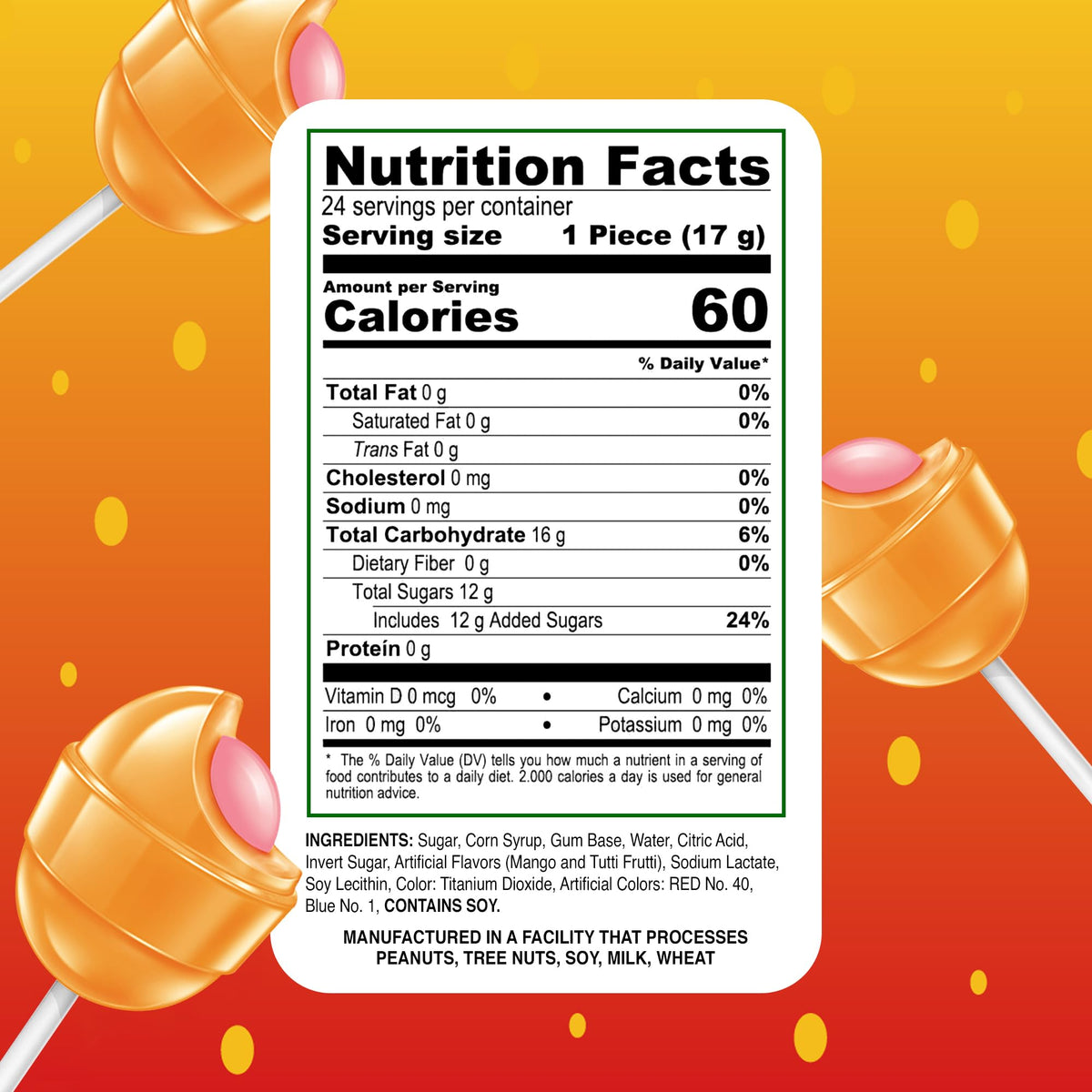 Colombina Bon Bon Bum Lollipops Mango Flavor, 24 Count (Pack of 2)