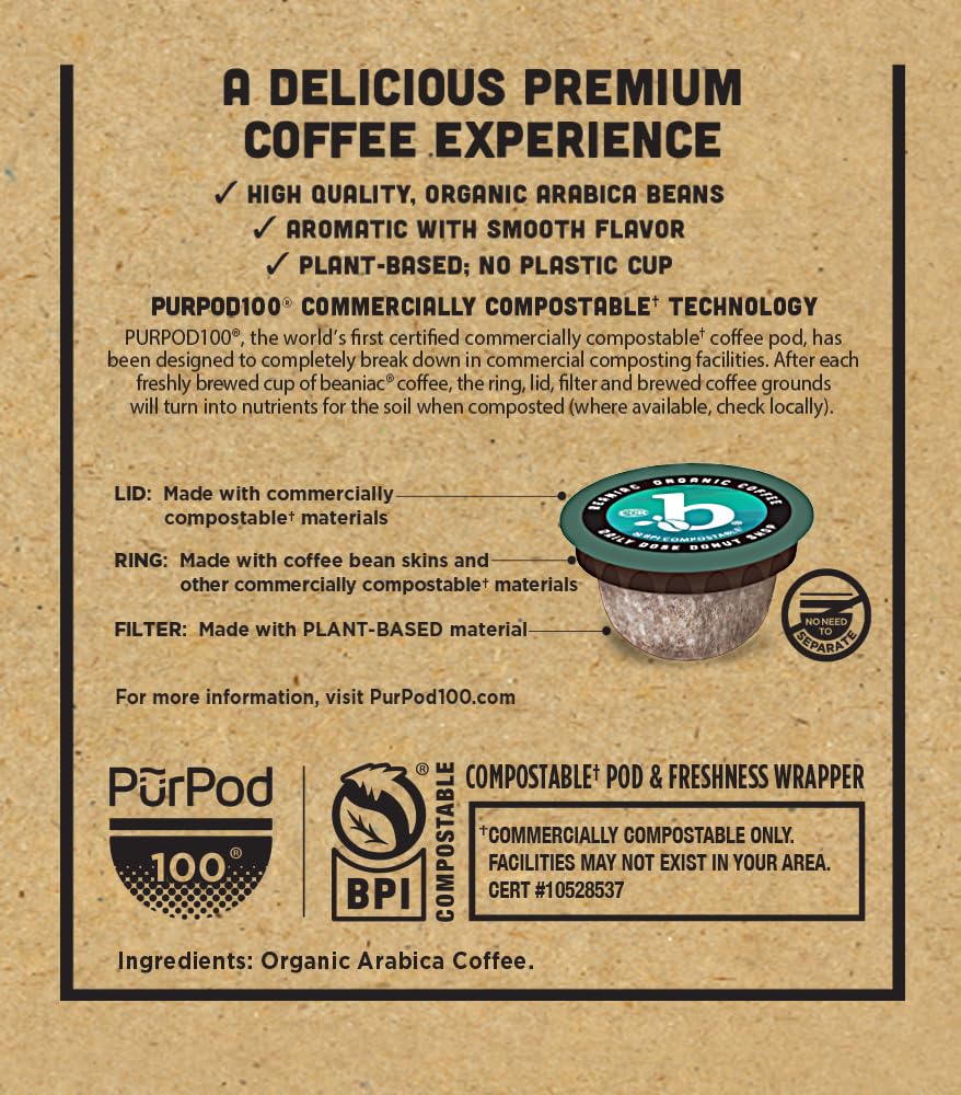 beaniac Organic Light Roast Coffee Pods, Single Serve Compostable K-Cups, 72 Count