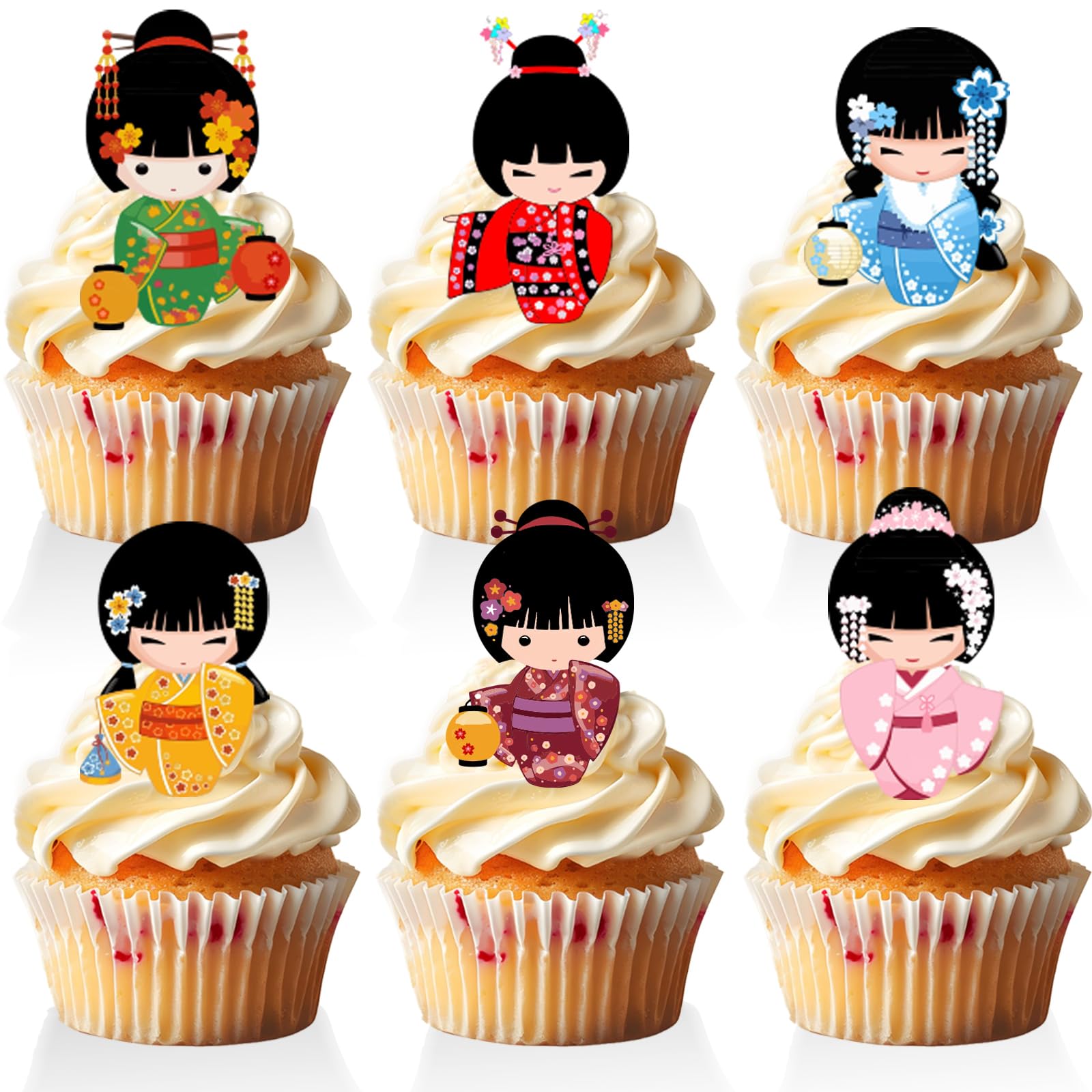 RedLeLe 18 PCS Japanese Cupcake Toppers, Kokeshi Doll & Cherry Blossom, Paper, Pink