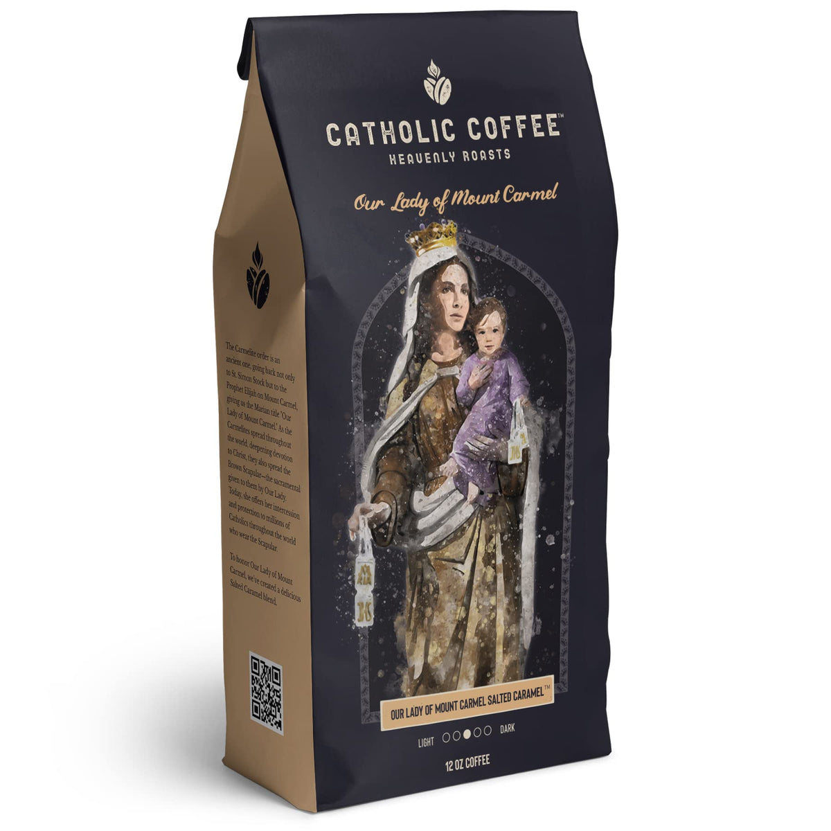 Our Lady of Mount Carmel Salted Caramel Catholic Coffee (Whole Bean) 12 oz Small-Batch Craft Coffee, Gift for Catholic Faithful 