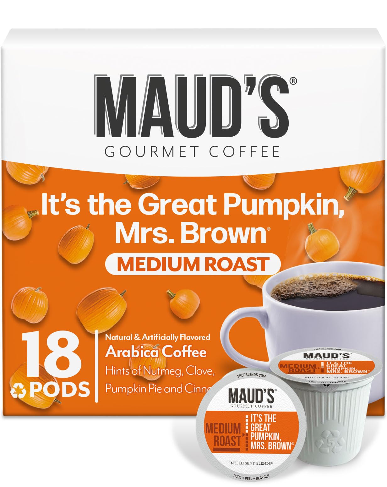 Mauds Pumpkin Spice Flavored Coffee Pods  18 ct - 100% Arabica Medium Roast Coffee  Solar Energy Produced Recyclable Single Coffee Pods Compatible with Keurig K-Cup malt-inspired