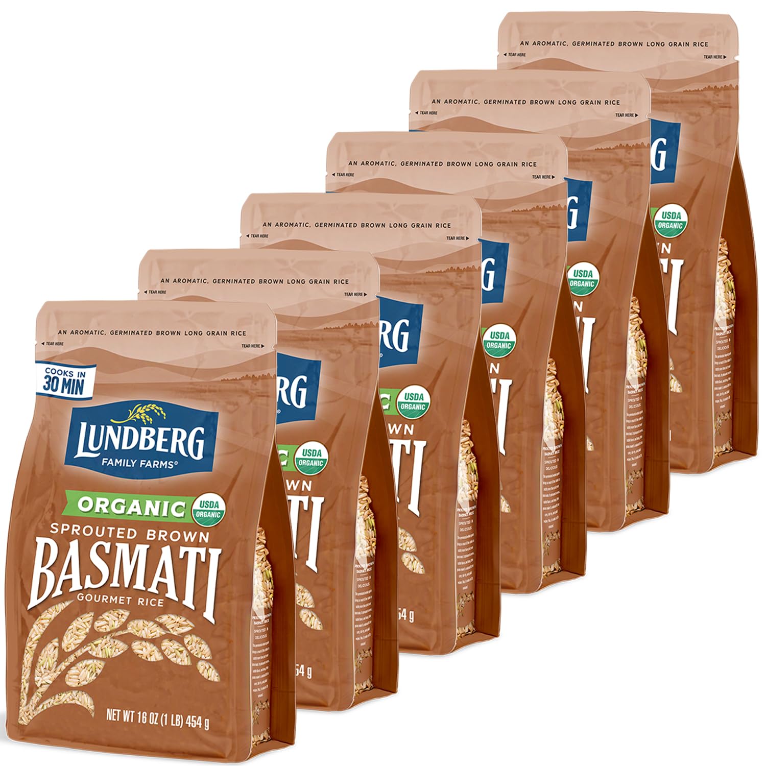 Lundberg Organic Sprouted Brown Basmati Rice 6-Pack - Nutty & Fluffy Long-Grain, Ready in 30 Minutes, 16 Oz Ea