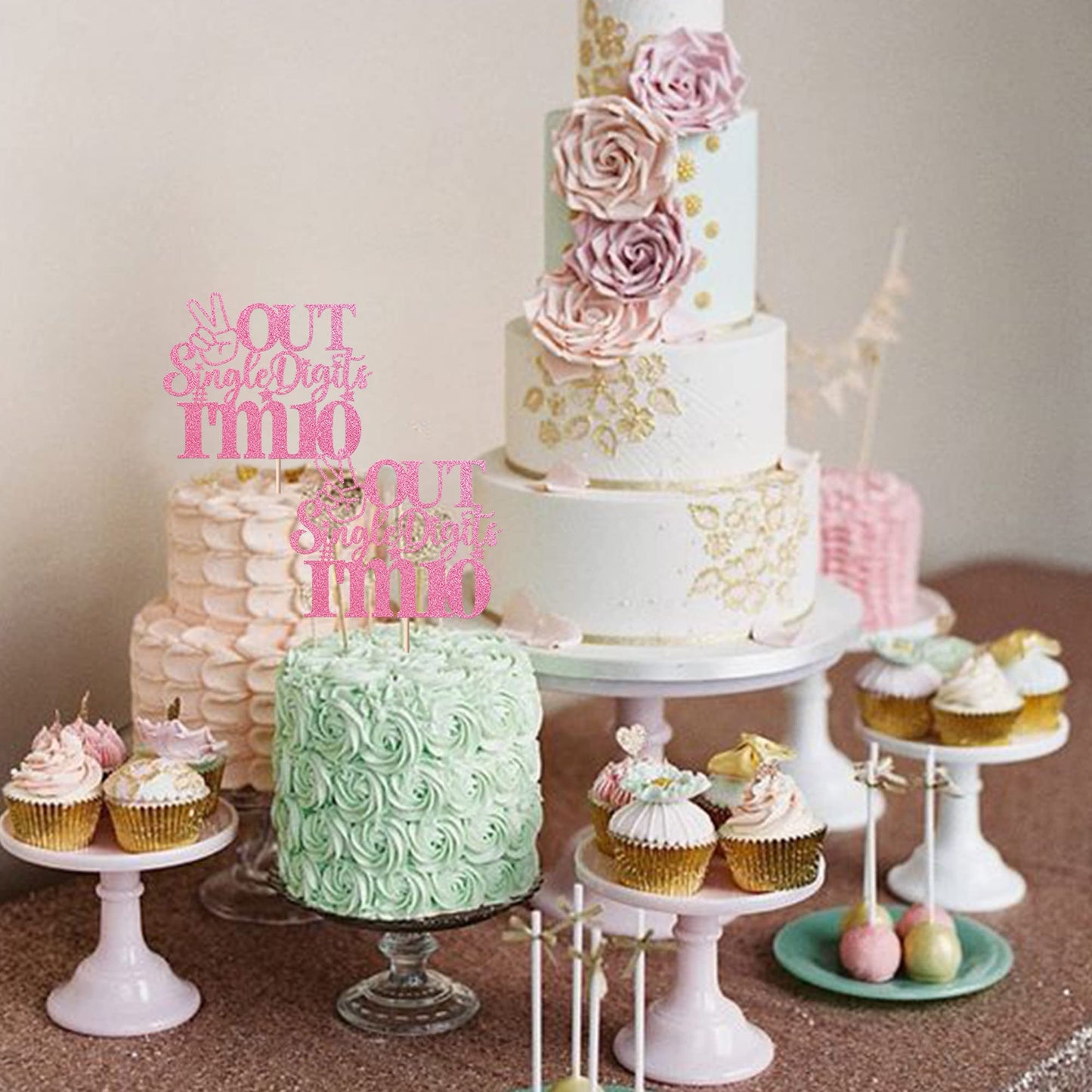 YCTHUNFISH Cake Topper Glitter 10th Birthday Decorations, Bamboo, Pink