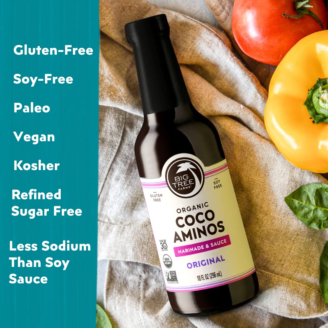 Big Tree Farms Organic Coco Aminos - Liquid Coconut Aminos, Soy-Free Sauce, Low Sodium, Soy Alternative, Gluten Free, Kosher, Warmly Umami, Marinade & Sauce, Non-Gmo - Original, 10 Fl Oz (Pack Of 2)