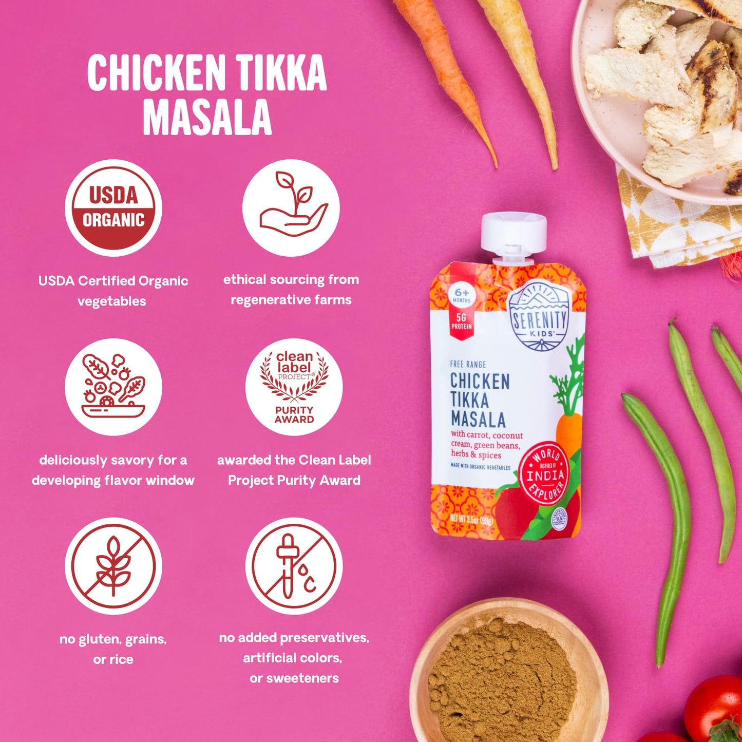 Serenity Kids 6+ Months Chicken Tikka Masala Baby Food Pouch - 3.5 Oz, Pack Of 12-5G Protein Snacks - Nutrient-Packed Chicken Meals - Ready-To-Serve Pureed Baby Food Pouch
