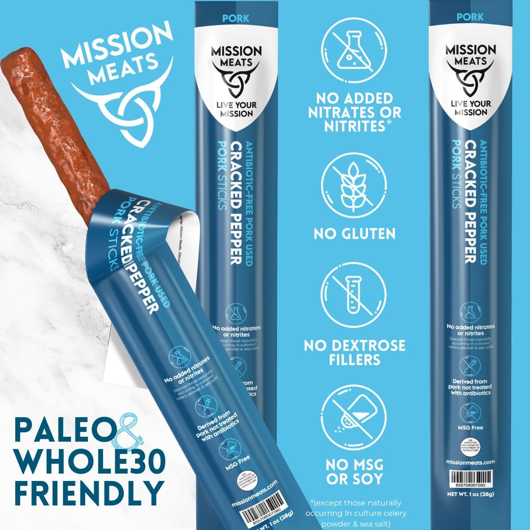 Mission Meats  ed Pepper Pork Meat Sticks - Sugar Free, AIP Friendly, Paleo, 1oz (Pack of 72)