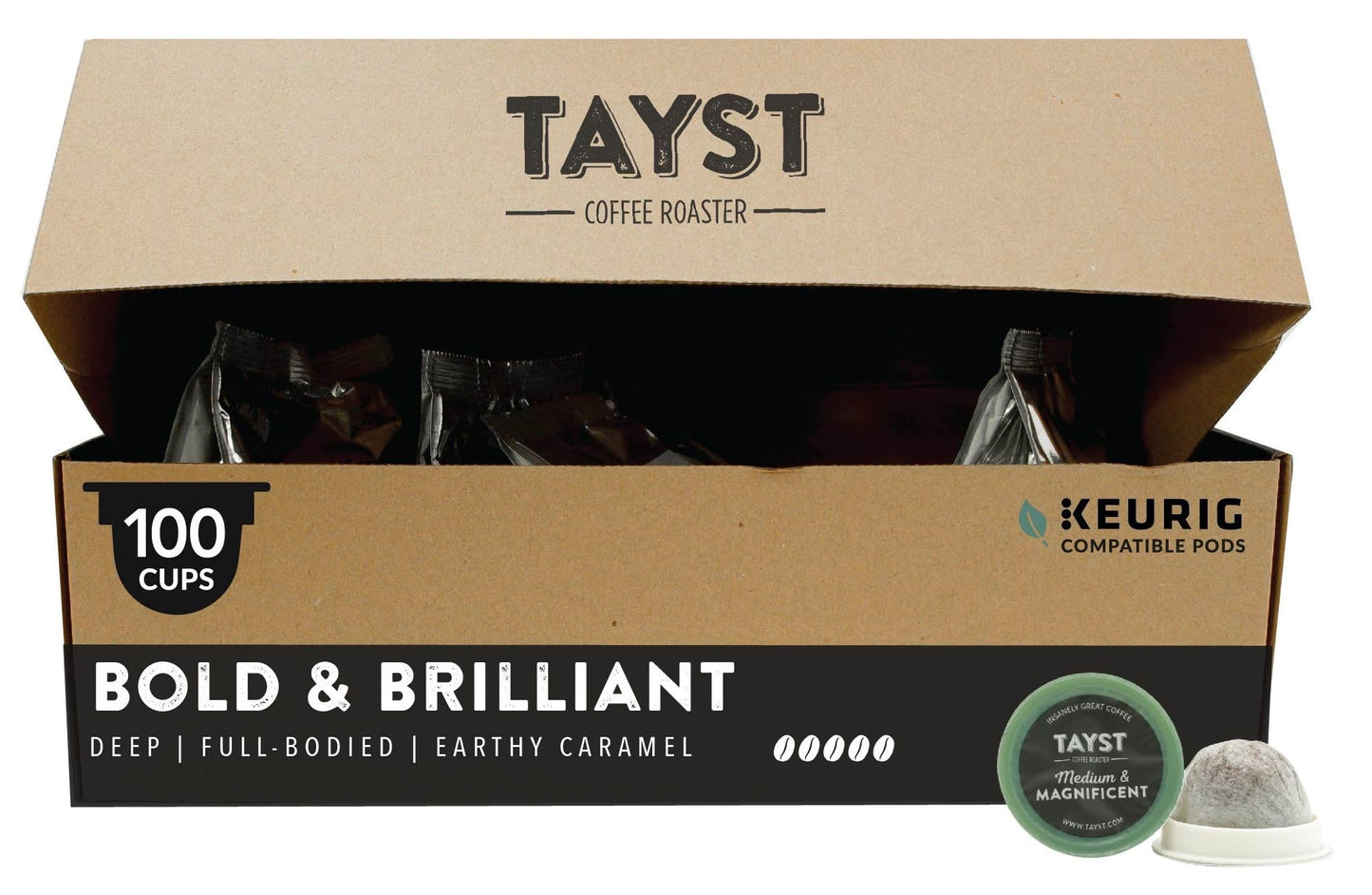 Tayst Coffee Pods, Bold & Brilliant Dark Roast, K Cups Compatible with Keurig Coffee Maker, Sustainable Single Serve, Pack of 10