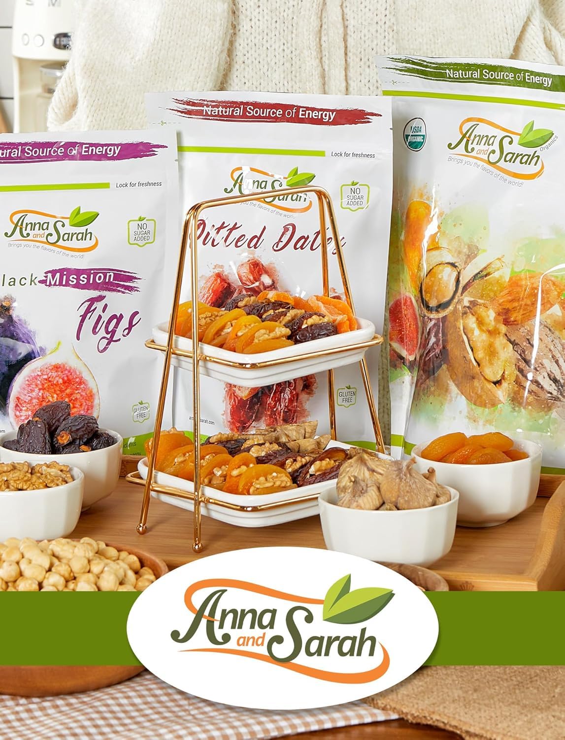 Anna And Sarah Gourmet Dried Fruit & Nuts In Wooden Gift Box Includes Strip Mango-Fancy Dates-Pear-Peach- Apricot-Dried Prune-Apricot-Oregon Hazelnut And California Pistachios Kosher-Halal For Christmas-Holiday For Mom-Dad-Boy-Girl Everyone