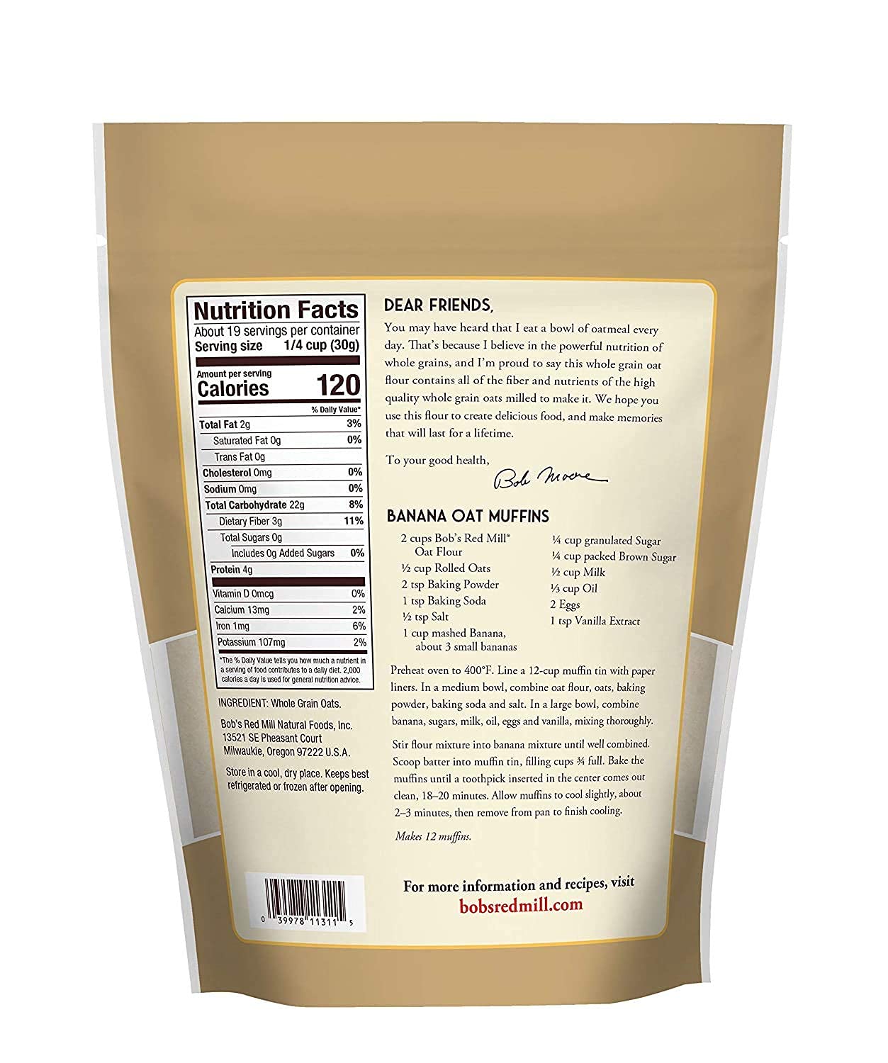 Bob'S Red Mill Whole Grain Oat Flour, 20 Ounce (Pack Of 2)