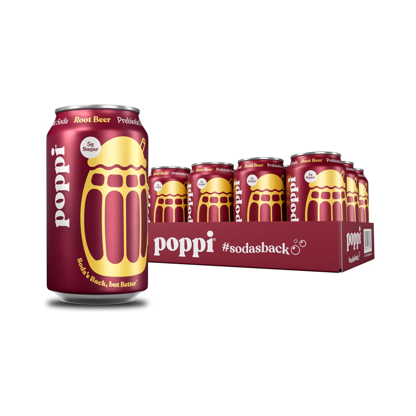 Poppi Sparkling Prebiotic Soda Beverage, Root Beer Flavor, 12 Fl Oz, Pack of 12, Model 0810063710330