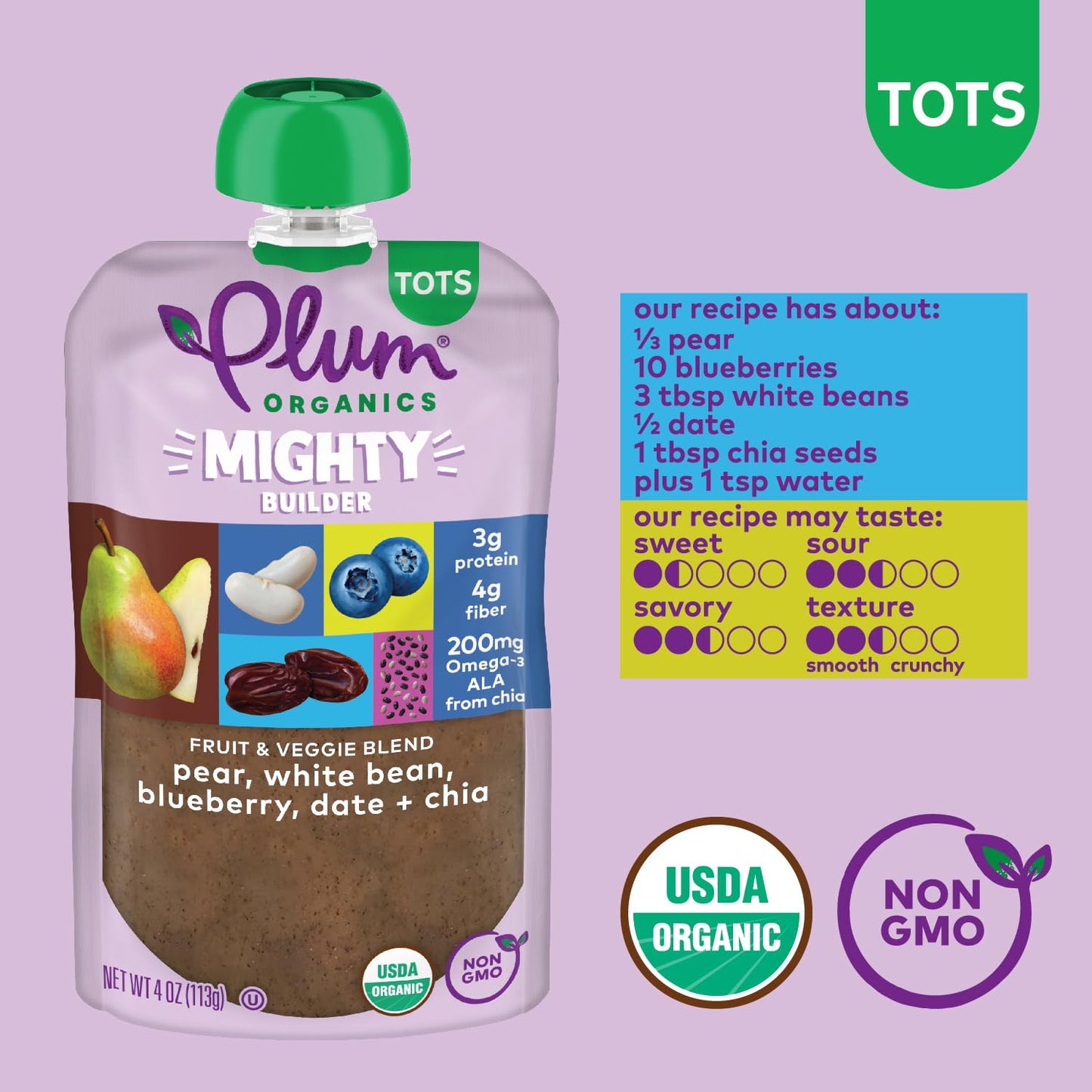 Plum Organics Mighty Builder Organic Toddler Food - Pear, White Bean, Blueberry, Date, and Chia - 4 oz Pouch (Pack of 12) - Orga
