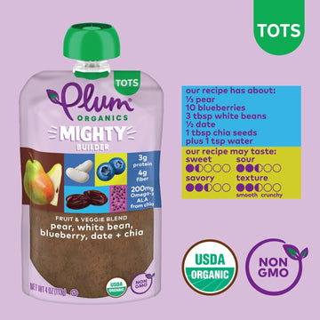 Plum Organics Mighty Builder Organic Toddler Food - Pear, White Bean, Blueberry, Date, and Chia - 4 oz Pouch (Pack of 12) - Orga