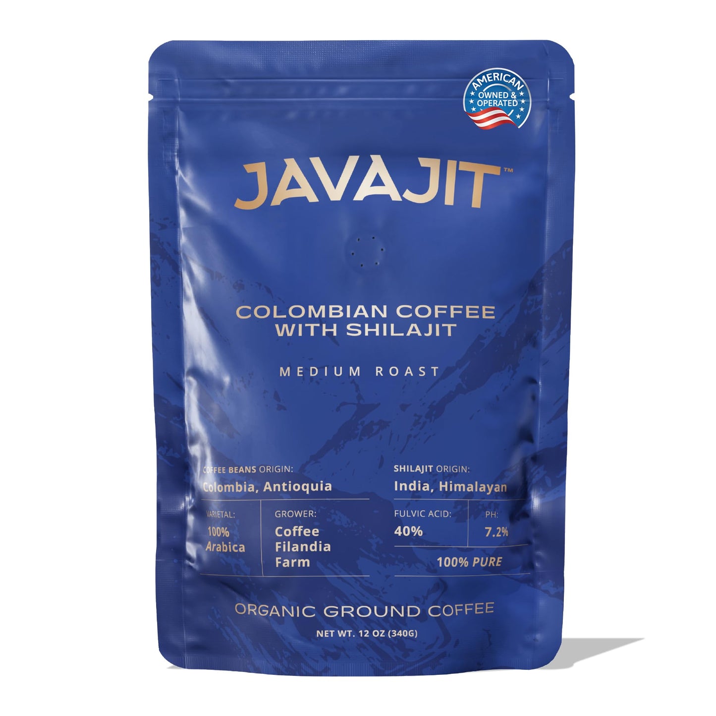 Javajit Shilajit Infused Organic Coffee - Colombian Medium Roast, 12 oz, Brown, 250mg Shilajit per Serving, 16 Servings