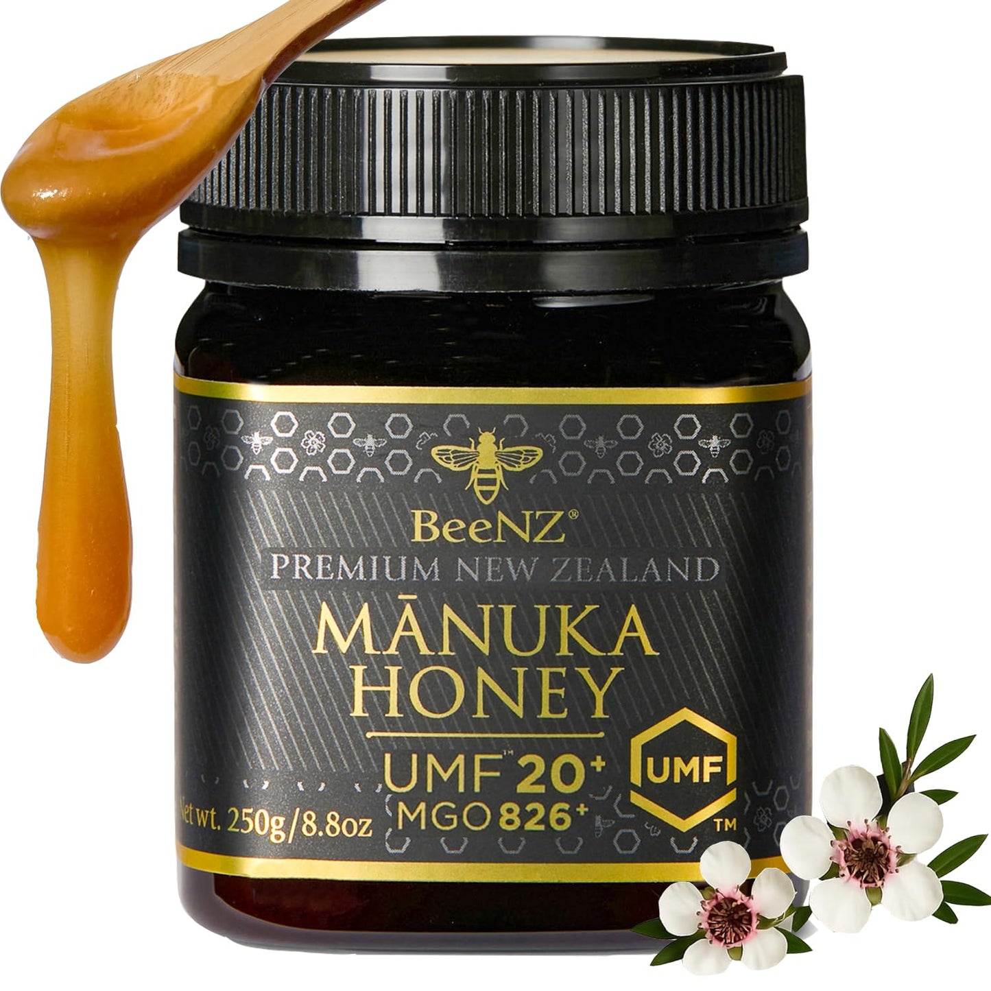 BeeNZ Raw Manuka Honey, Certified UMF 20+ (MGO 829+), Pure New Zealand Monofloral Manuka, Natural Sweetener, Superfood Honey for
