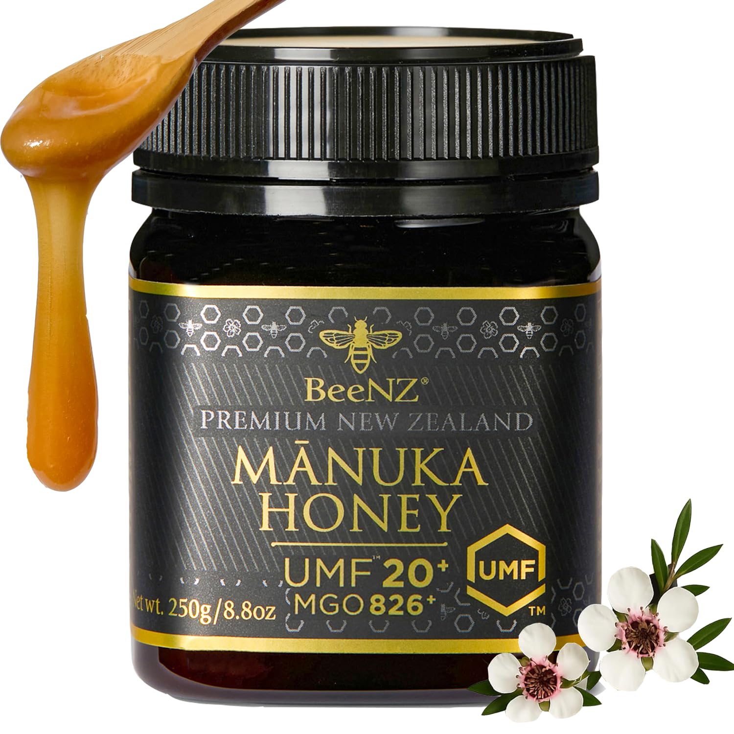BeeNZ Raw Manuka Honey, Certified UMF 20+ (MGO 829+), Pure New Zealand Monofloral Manuka, Natural Sweetener, Superfood Honey for