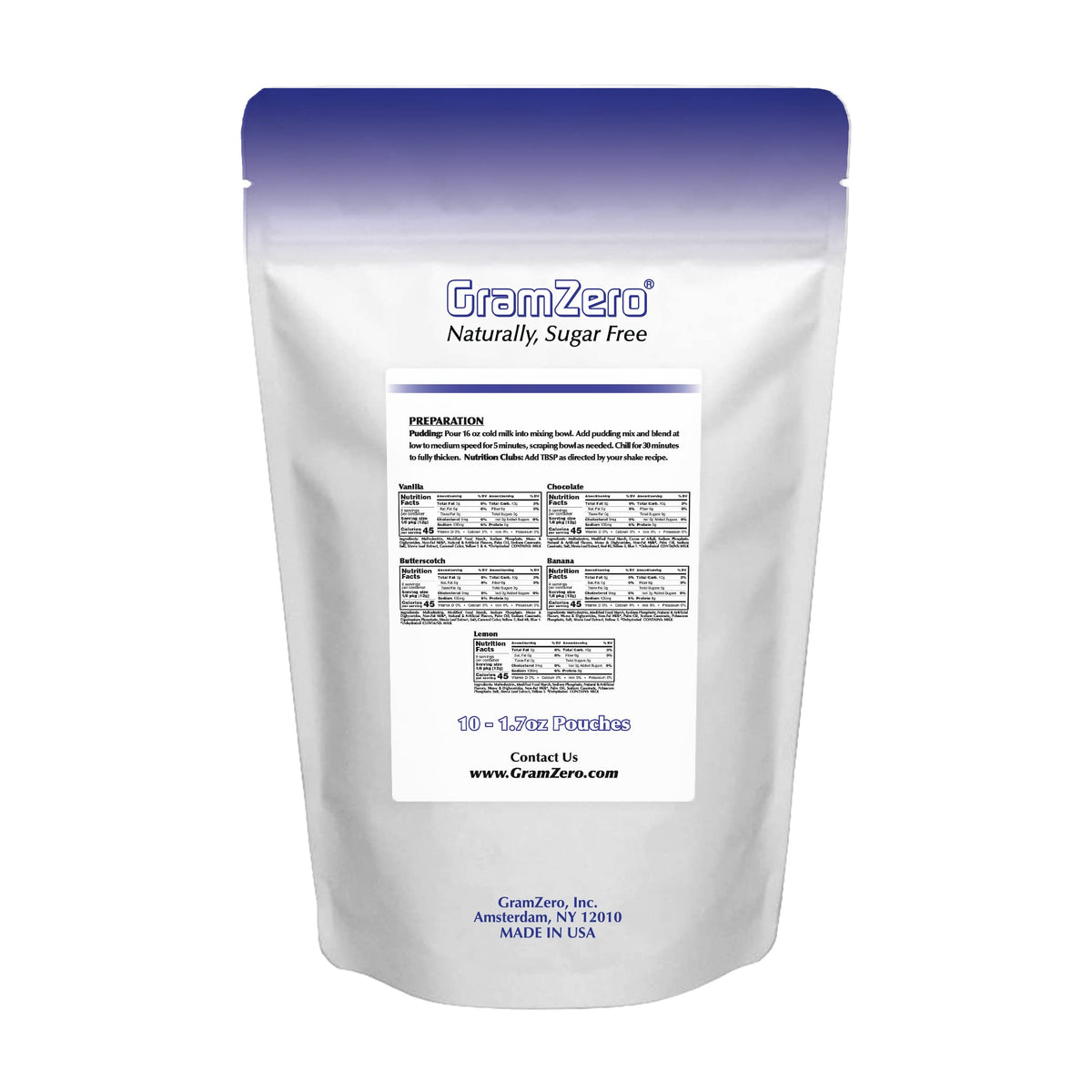 Gramzero Variety (Vanilla, Chocolate, Butterscotch, Banana, Lemon) Sugar Free Pudding Mix Variety 10-Pack, Great For Nutrition C