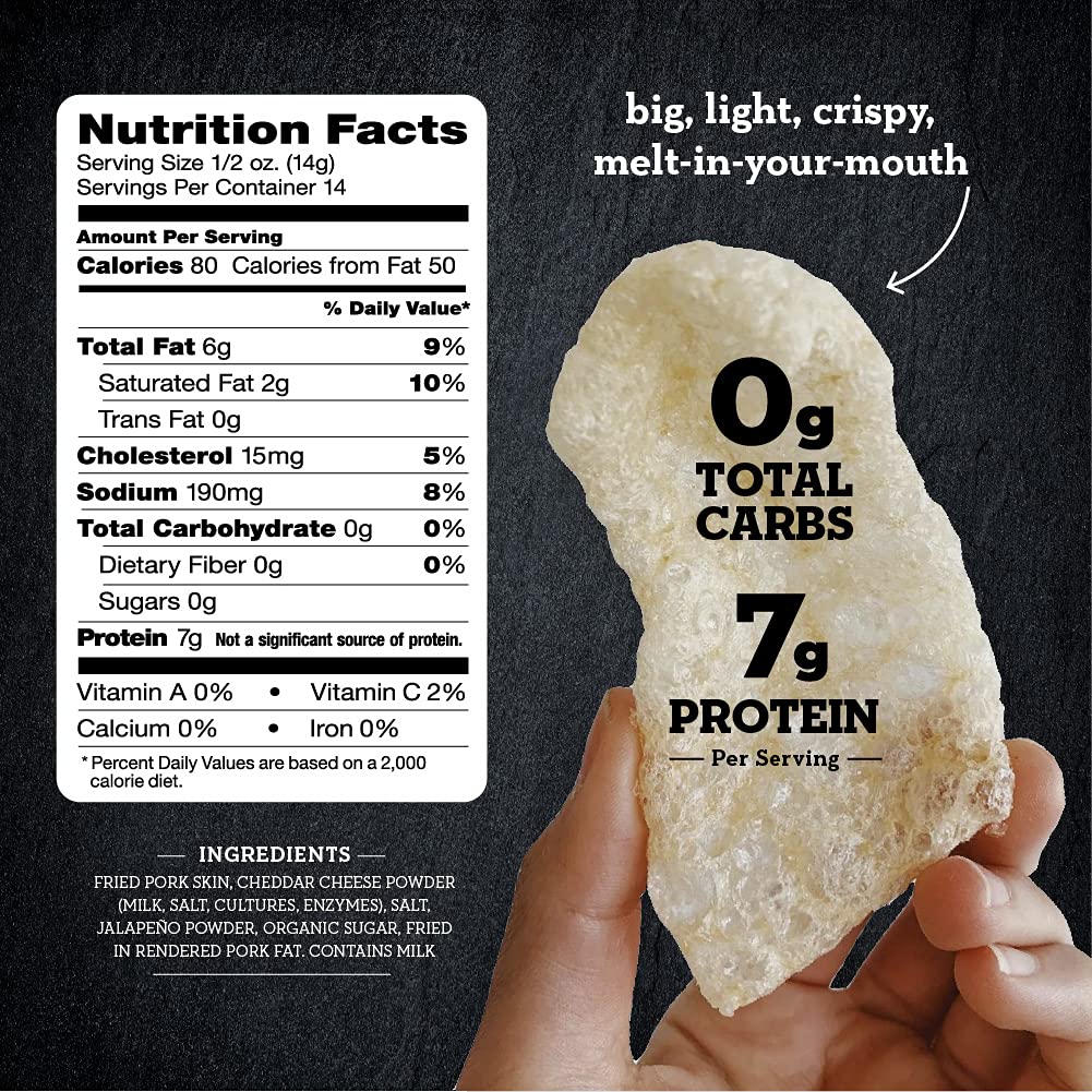 4505 Meats Jalapeno Cheddar Pork Rinds, Gluten Free Chicharrones, Keto Certified, Family Size Bag, 14 Servings, 7 Ounces