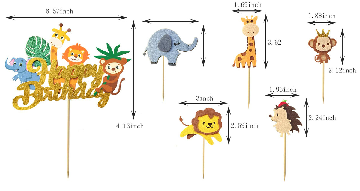 6Pcs Jungle Animal Happy Birthday Cake Toppers Elephant Giraffe Hedgehog Lion Monkey Cake Decorations Animals Party Baby Showers