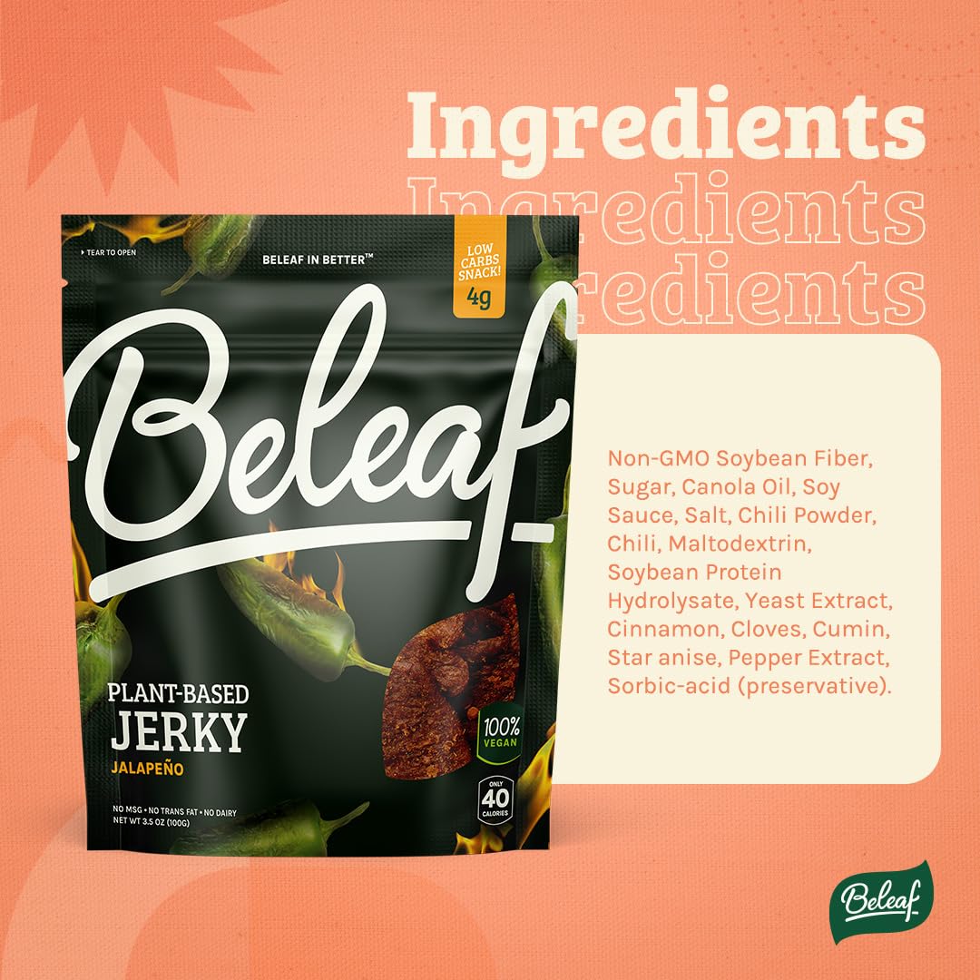 Beleaf Jalapeño Plant-Based Jerky: High-Protein Snack – Healthy And Flavorful Vegan Jerky For On-The-Go Energy – Tasty Meatless, Vegetarian Meat Alternative (12 Pack)