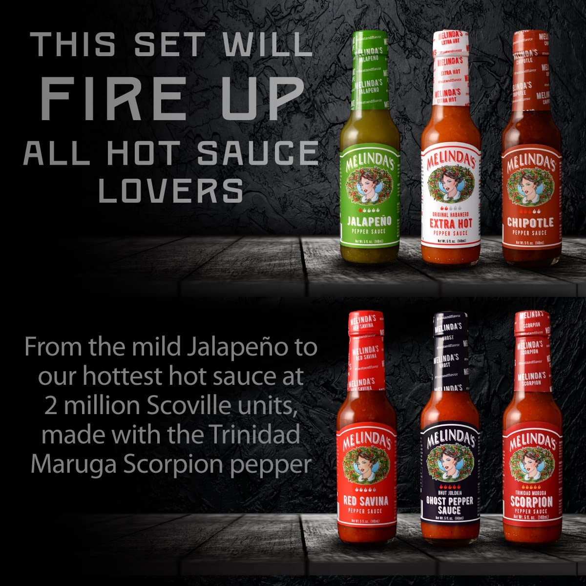 Melindas Hot Sauce Gift Set - Extra Spicy Variety with Jalapeño, Habanero & More - 5 Fl Oz, 6 Pack