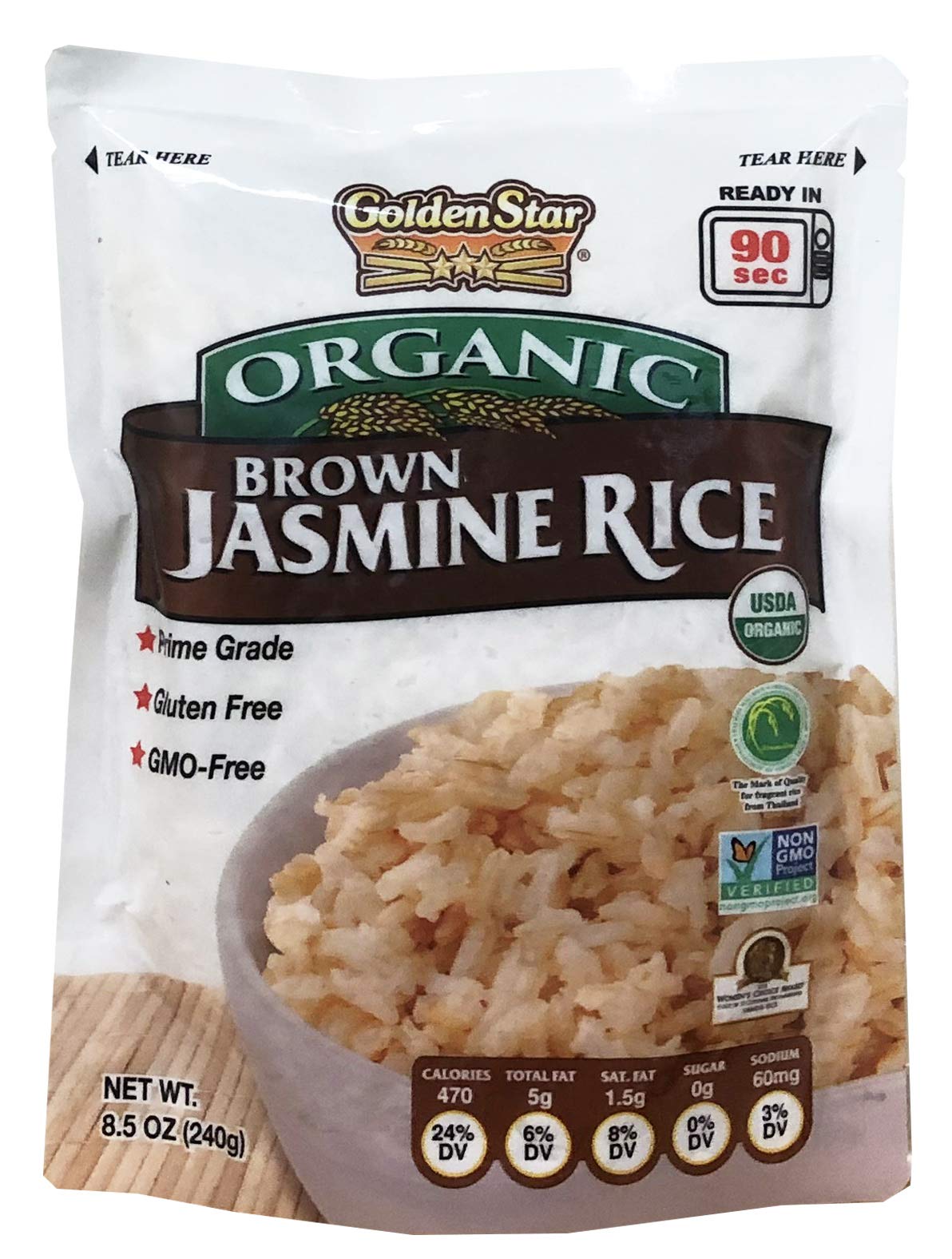 Golden Star Organic Brown Jasmine Rice Pouch, 8.5 oz (8 Pack)