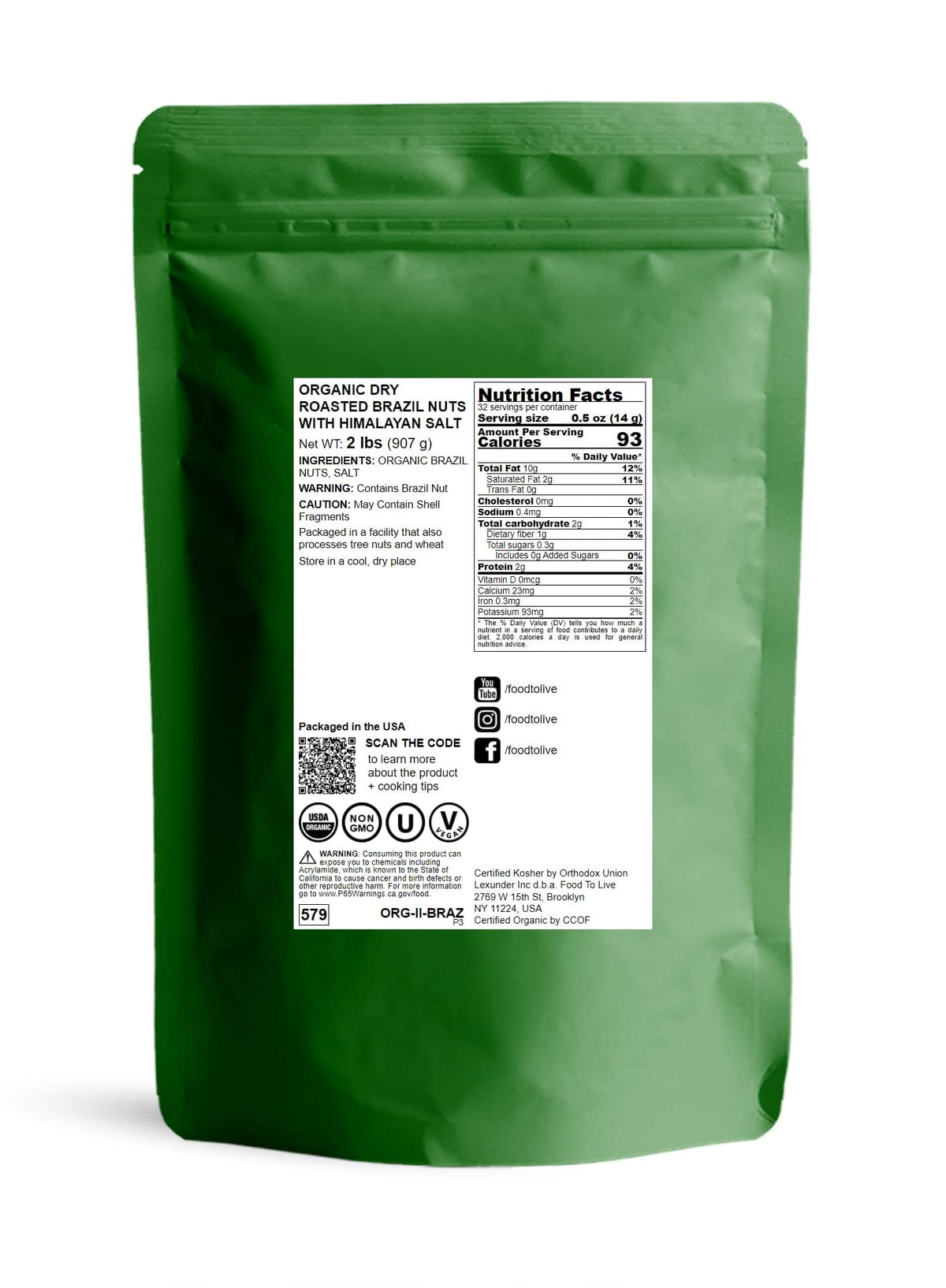 Food to Live Organic Dry Roasted Brazil Nuts, 2 Pounds, Non-GMO, Vegan, Kosher, Lightly Salted, Keto-Friendly Snack