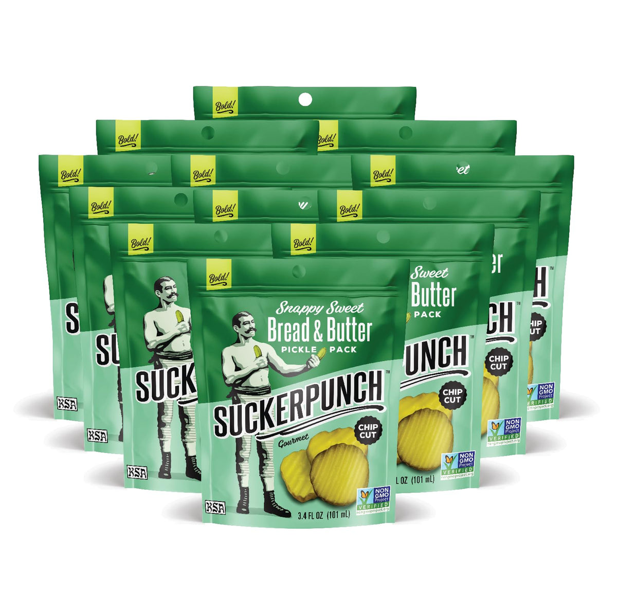 SuckerPunch Snappy Sweet Bread N Butter Dill Pickles Chip-Cut, Gluten Free, Kosher, Sugar Free, Low Calorie, Low Carb, on the Go