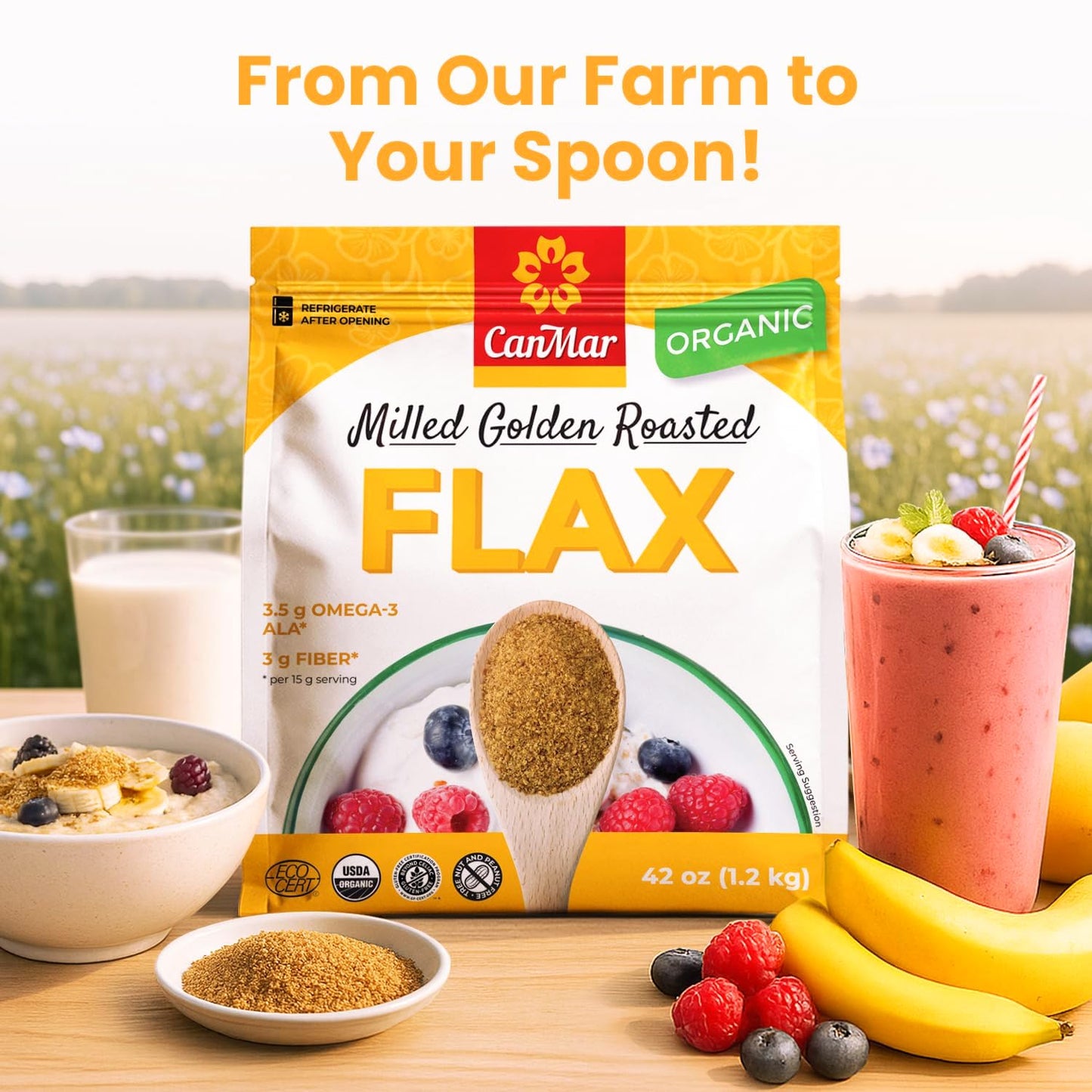 CanMar Ground Milled Golden Roasted Organic Flaxseed, 42 oz - Vegan, Non-GMO, Gluten Free - Flaxseed Meal with Omega-3, Fiber -