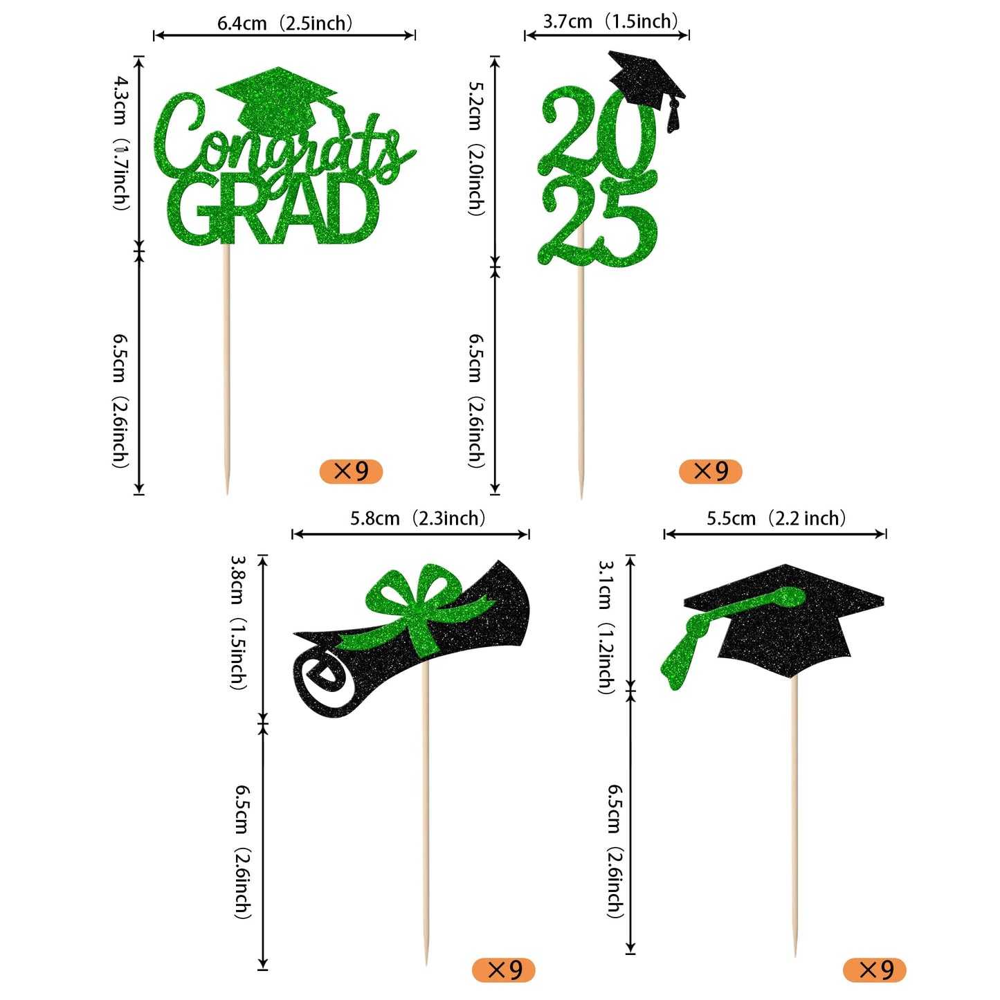 Rssta i Graduation Cupcake Toppers, 36 Pack, Congrats Grad, Class of 2025, Green Party Decorations