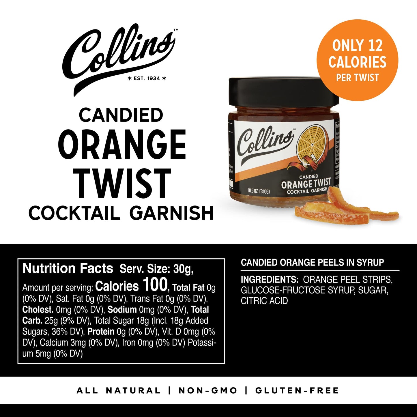 Collins Candied Fruit Orange Peel Twist In Syrup - Popular Cocktail Garnish For Skinny Margarita, Martini, Mojito, Old Fashioned Drinks, Peel For Baking, 10Oz