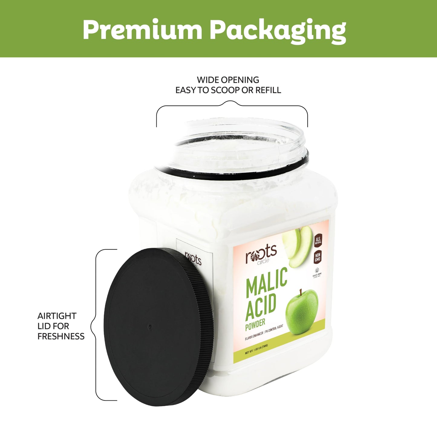 Roots Circle Malic Acid Powder - Food Grade, Gluten-Free, Non-GMO, 26.45 oz Pack
