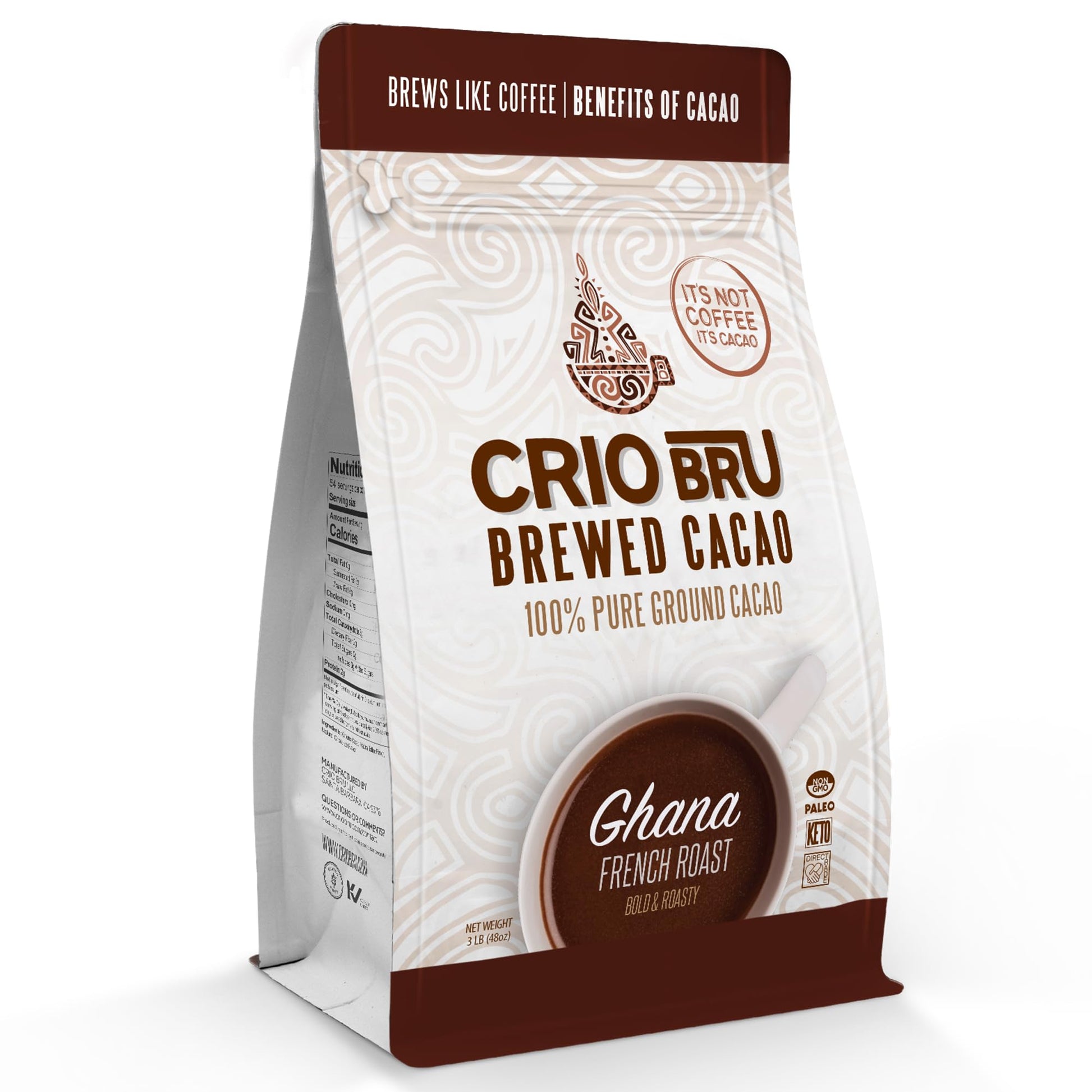 Crio Bru Brewed Cacao Ghana French Roast 3Lb (48Oz) - Coffee Alternative Natural Healthy Drink | 100% Pure Ground Cacao Beans | 99.99% Energy Blend Free  Keto  Low Carb  Paleo  Brew And Enjoy Hot Or Iced