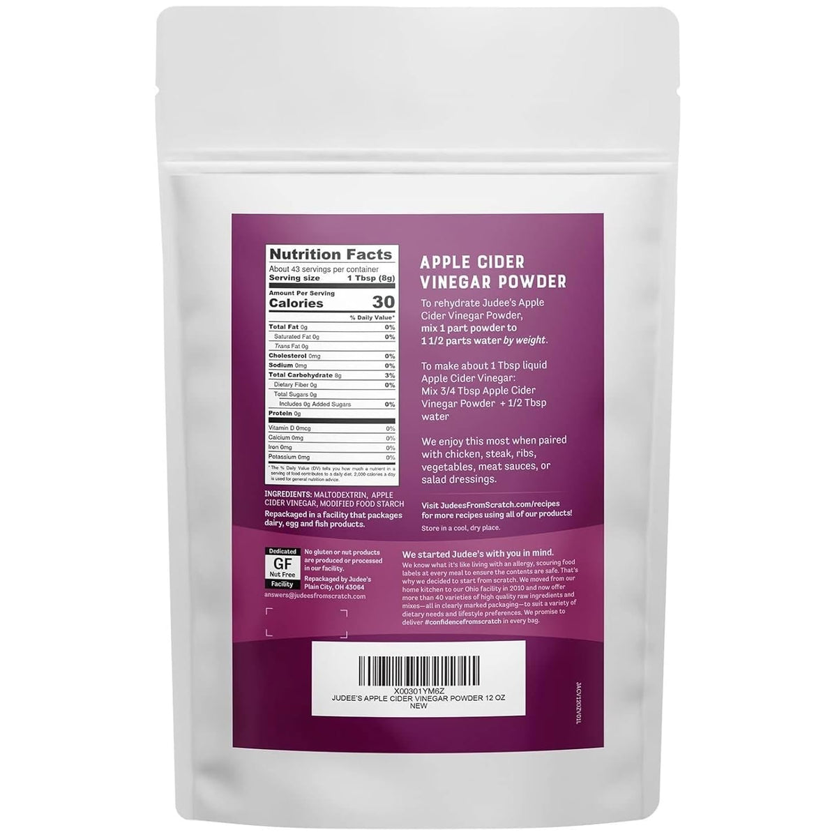 Judee’s Apple Cider Vinegar Powder – 12 oz, Gluten-Free