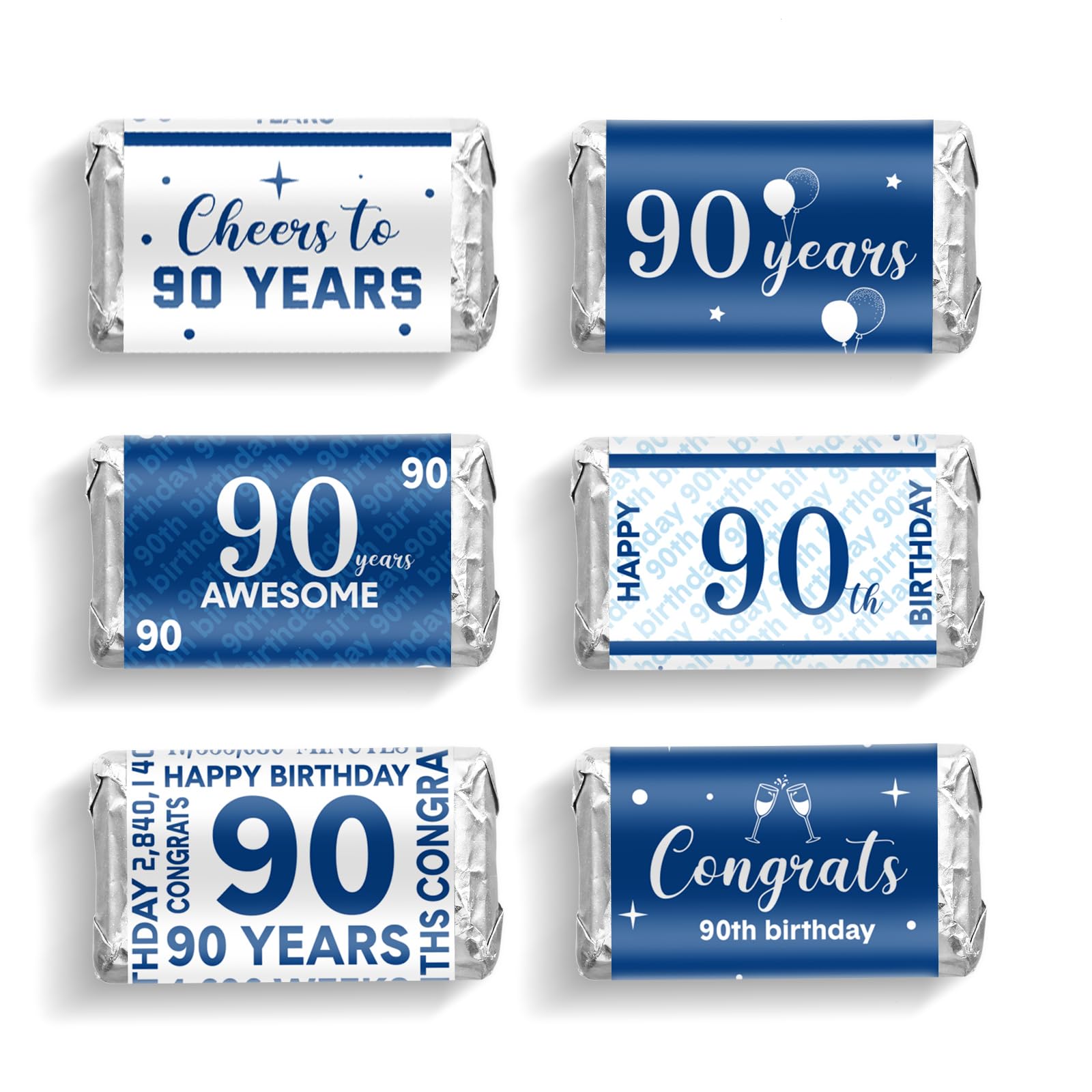 Tenare 90 Pcs 90th Birthday Party Candy Wrappers Blue and Silver Stickers, Mini Chocolate Bar Labels for 90 Years Birthday Decor