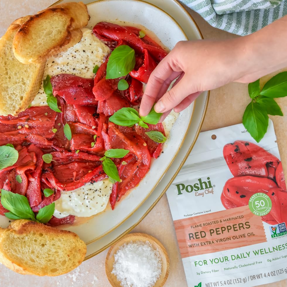 POSHI Flame Roasted Red Peppers in Extra Virgin Olive Oil Natural, Keto, Vegan, Non GMO, Low Carb + Calorie, Gluten Free, Ready