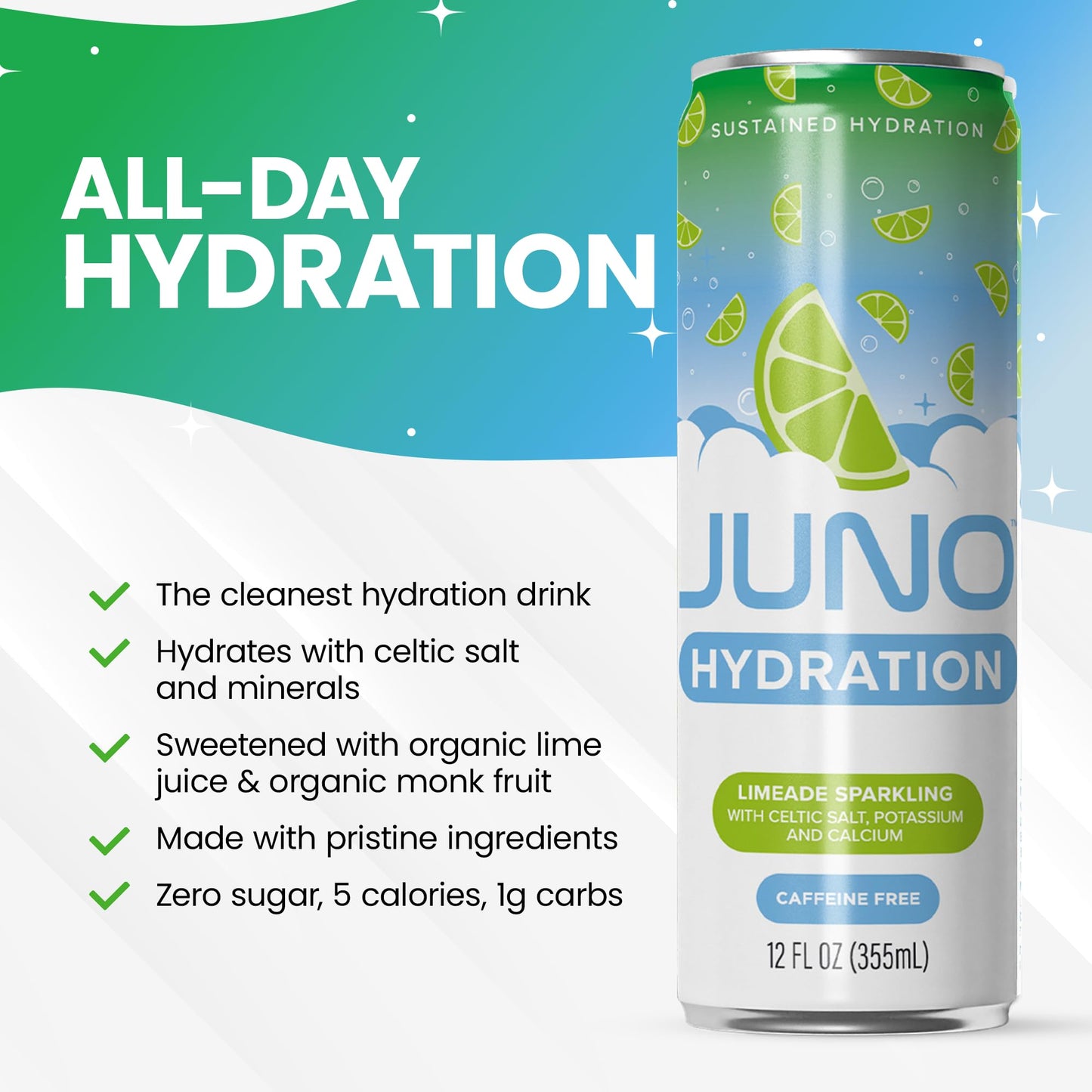 JUNO Hydration Drink Limeade Sparkling - Sugar Free Electrolytes, Organic Ingredients - 12 Pack