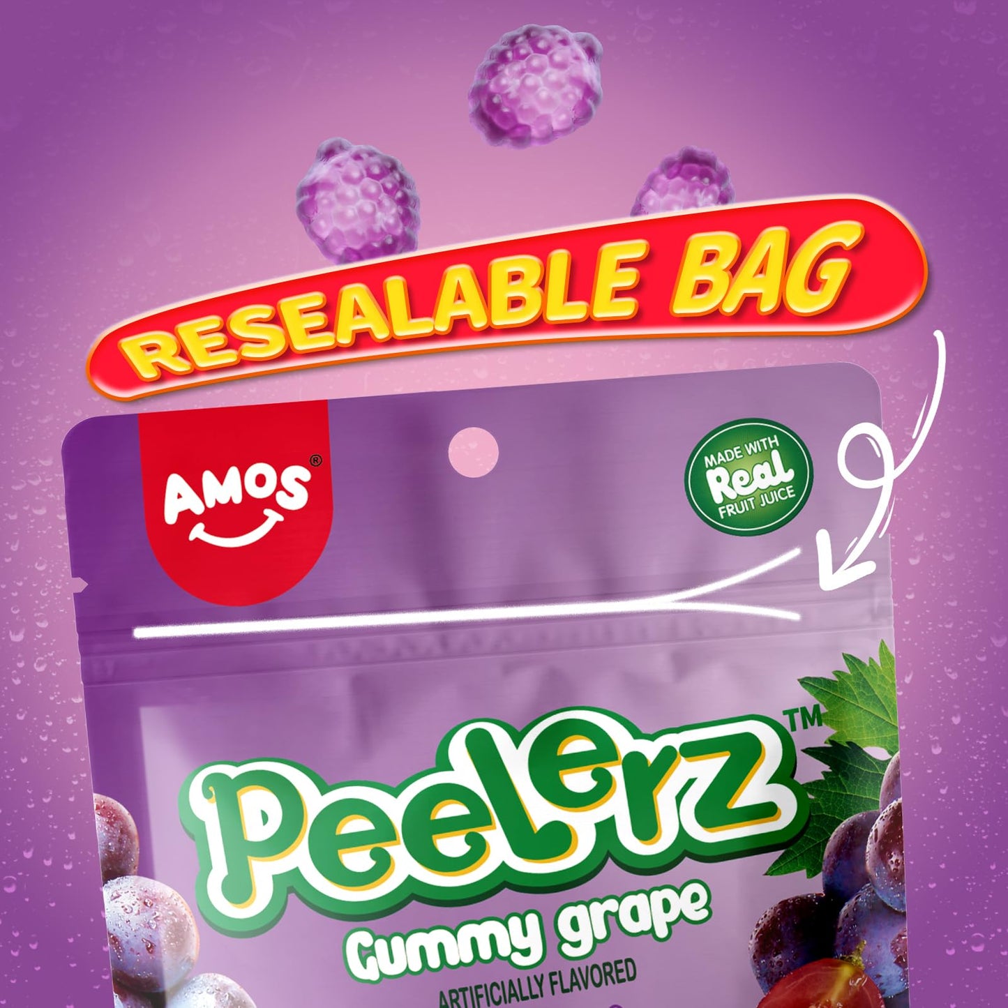 Amos Peelerz Gummy Candy Grape, Amos 4D Gummies Peelable Candy Resealable 2.19Oz Bag (Pack Of 8)