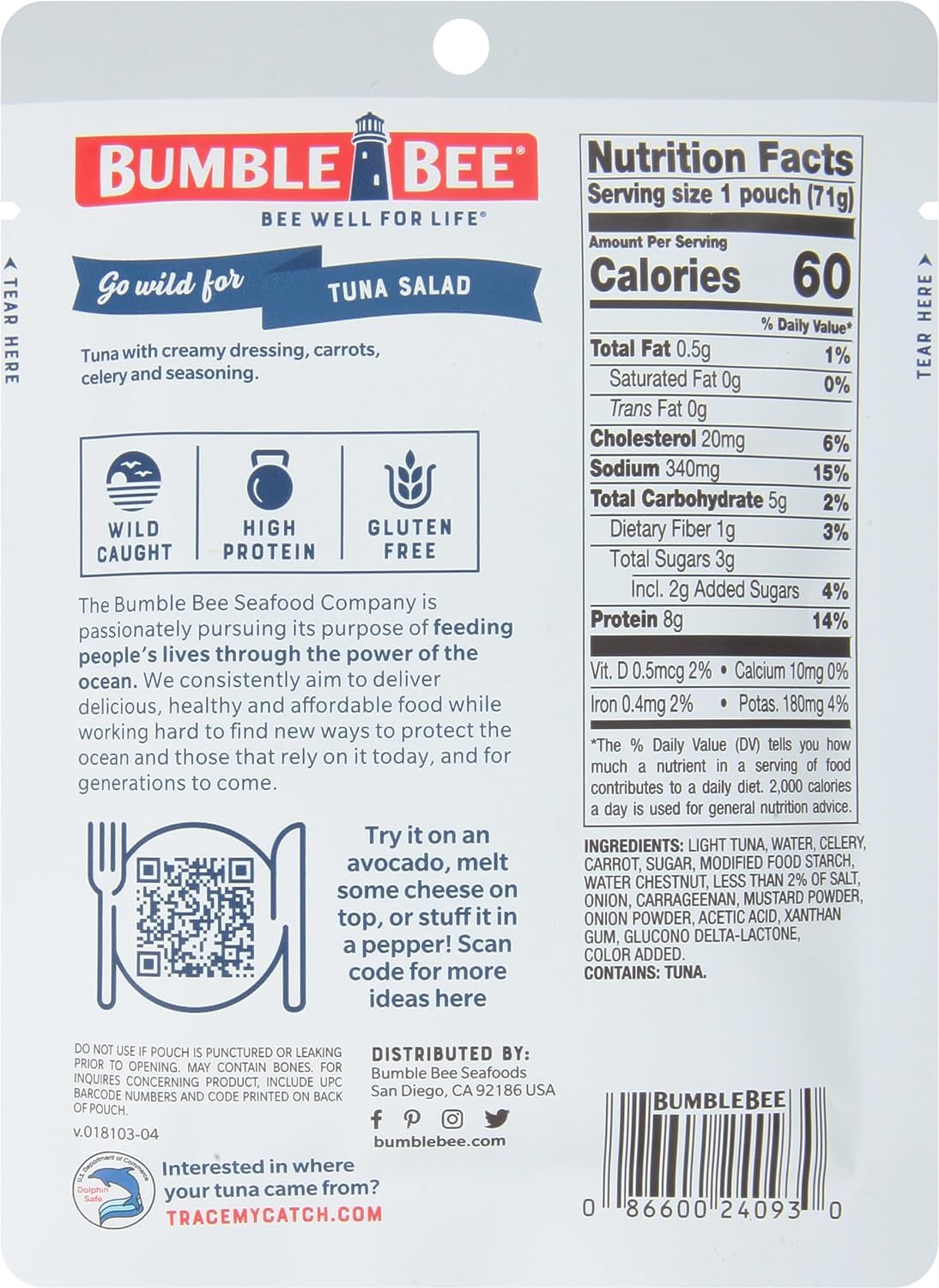Bumble Bee Sandwich In Seconds Tuna Salad, 2.5 Oz Pouch - Ready To Eat - Wild Caught Tuna Packet - 8G Protein Per Serving - Gluten Free