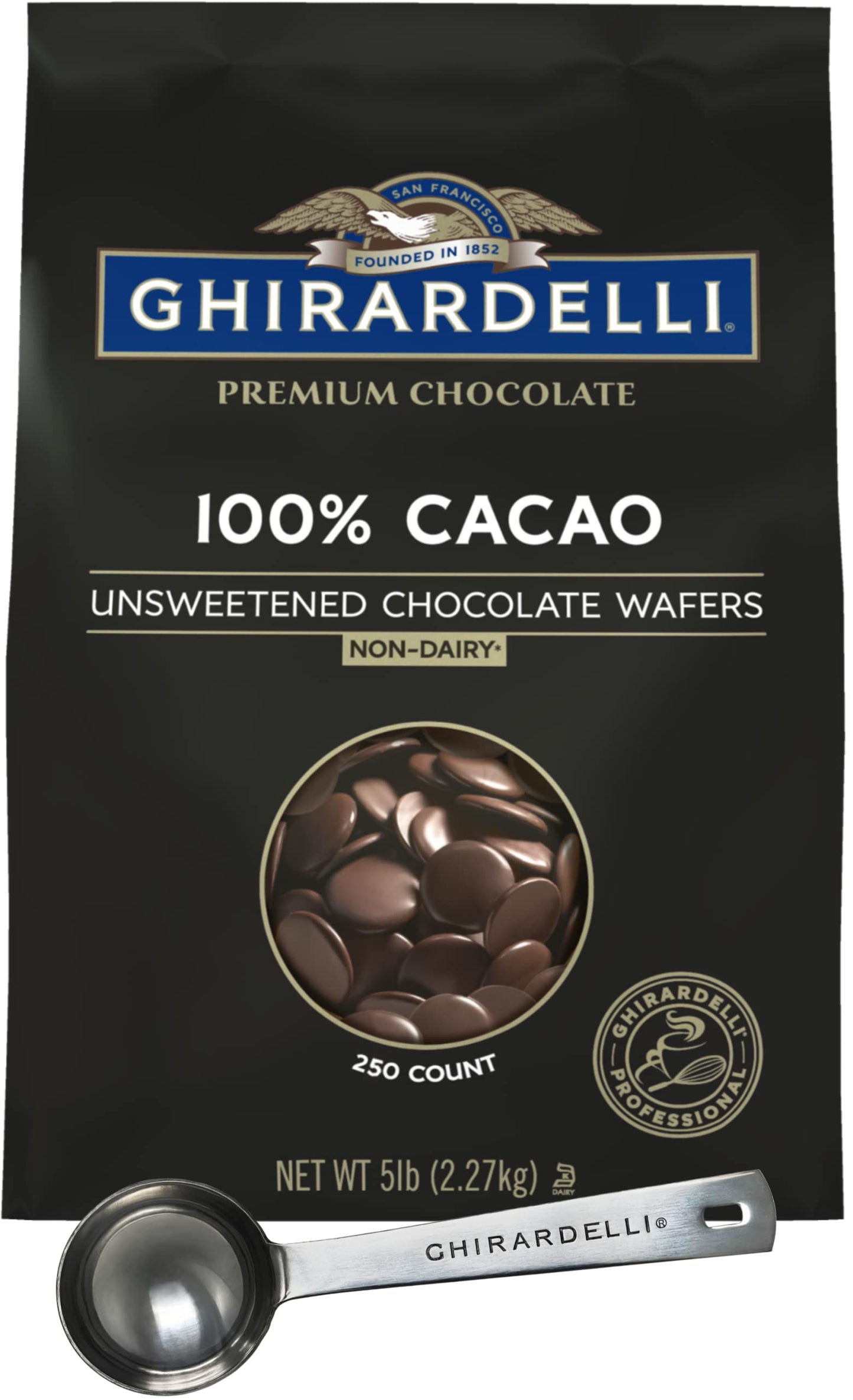 Ghirardelli Unsweetened Wafers, 5 lb Bag, Dark Brown, Includes Stamped Barista Spoon