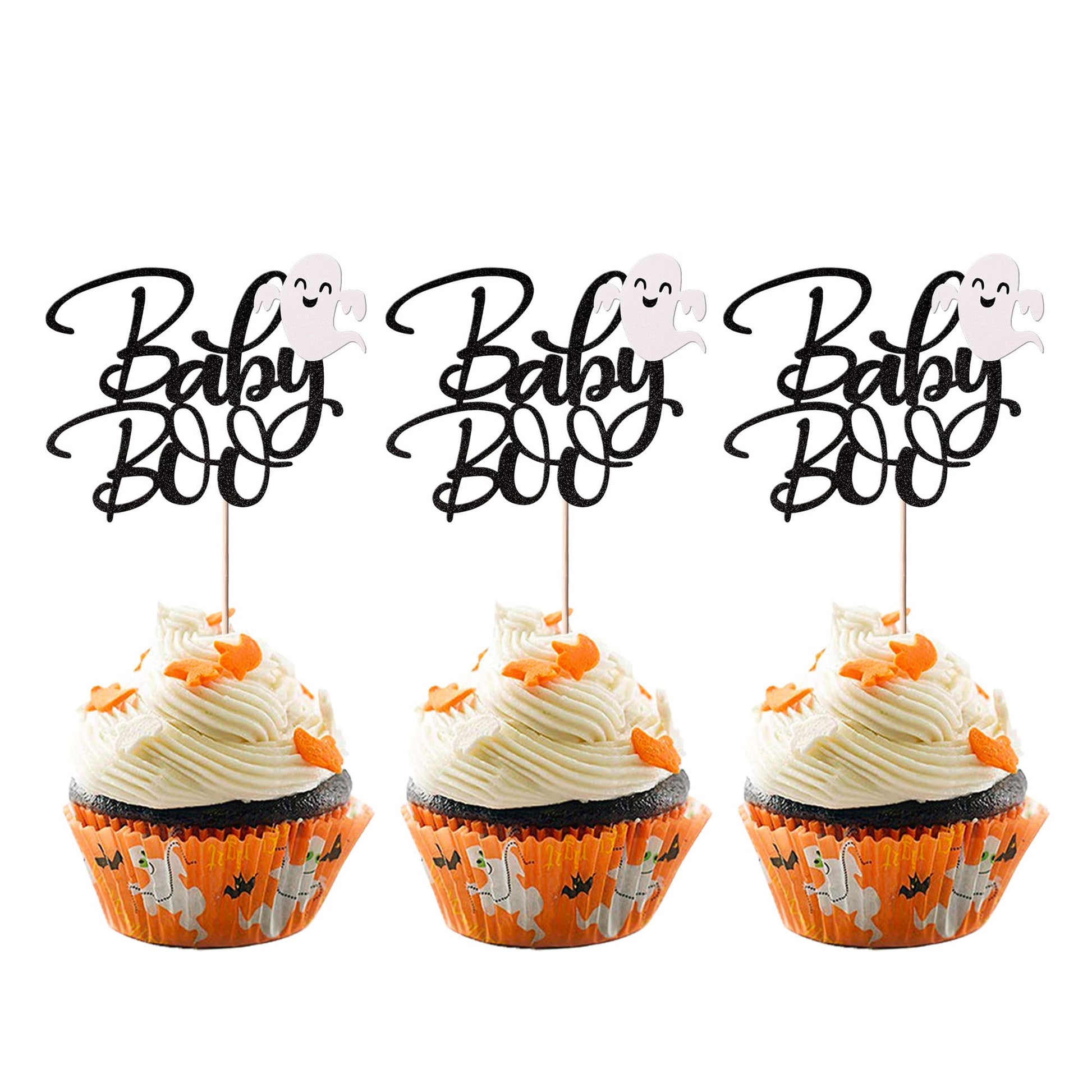 Rsstarxi Cupcake Toppers, 24 Pack Glitter Ghost Baby Boo Picks, 2.2x4.4 inches, Black, Model XM117-Black, Perfect for Halloween Parties
