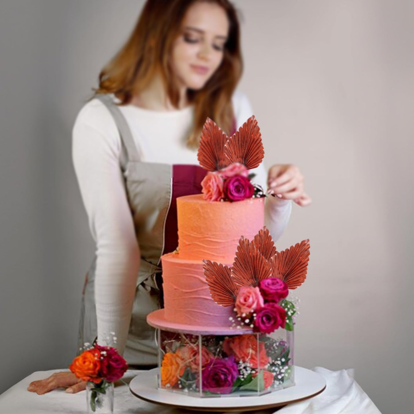Gyufise Paper Palm Fan Cake Toppers, 6Pcs Light Rose Gold Party Decorations, W 4.7 x H 5.1, Model ZN0680-13
