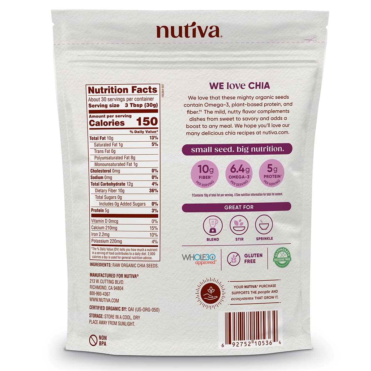 Nutiva USDA Organic enhanced Nutrient-Dense Raw Black Chia Seeds with 3g Protein & 5g Fiber for Salads  Yogurt & Smoothies  Non-GMO  Vegan  Gluten-Free  Keto & Paleo  32 Ounce (Pack of 1)