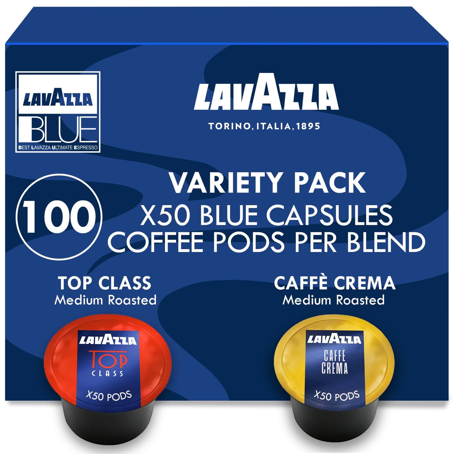 Lavazza Blue Coffee Capsules Variety Pack – 100 Count (50 Pods Each) – Includes Top Class & Caffè Crema Blends